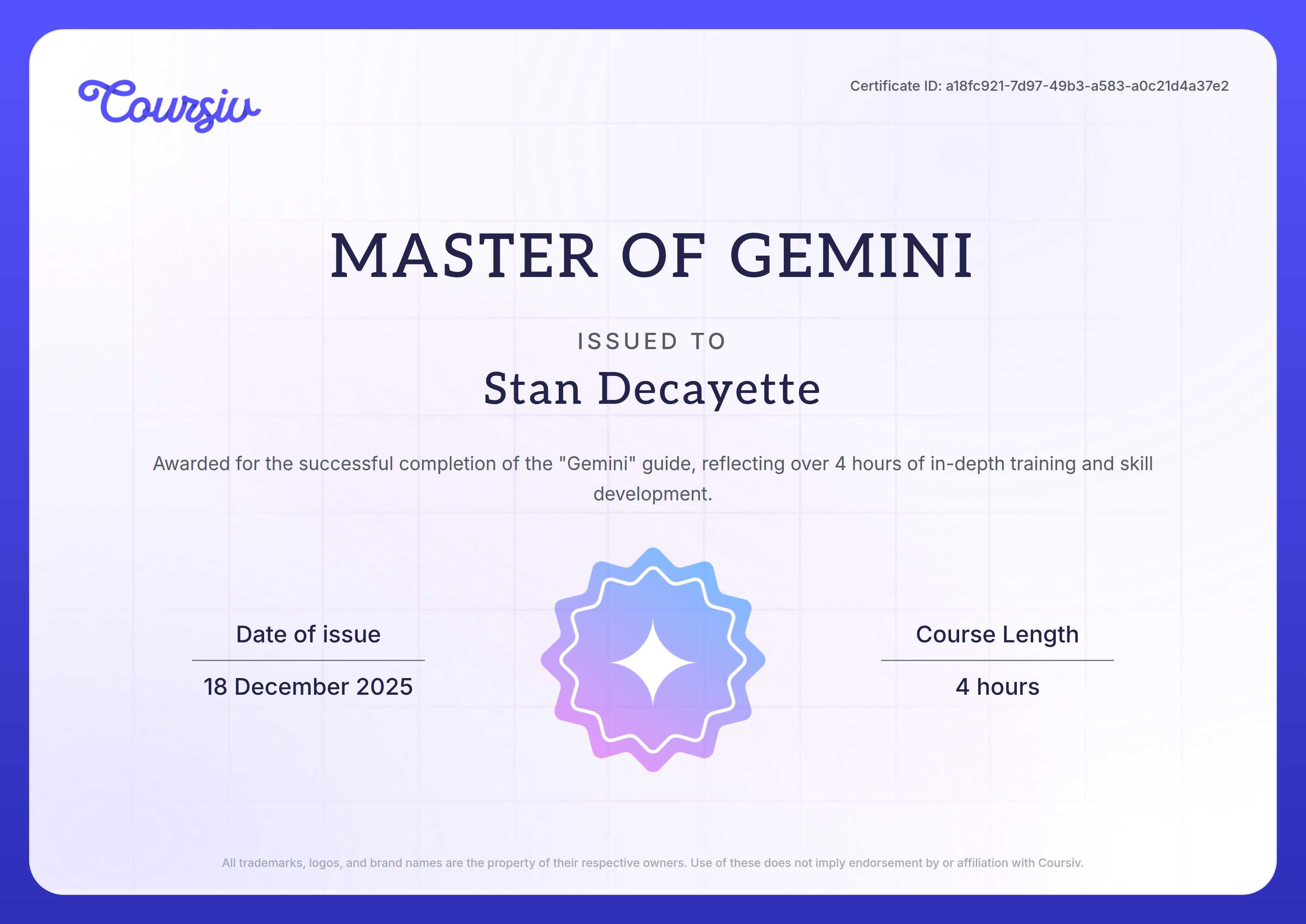 Certificate for Gemini