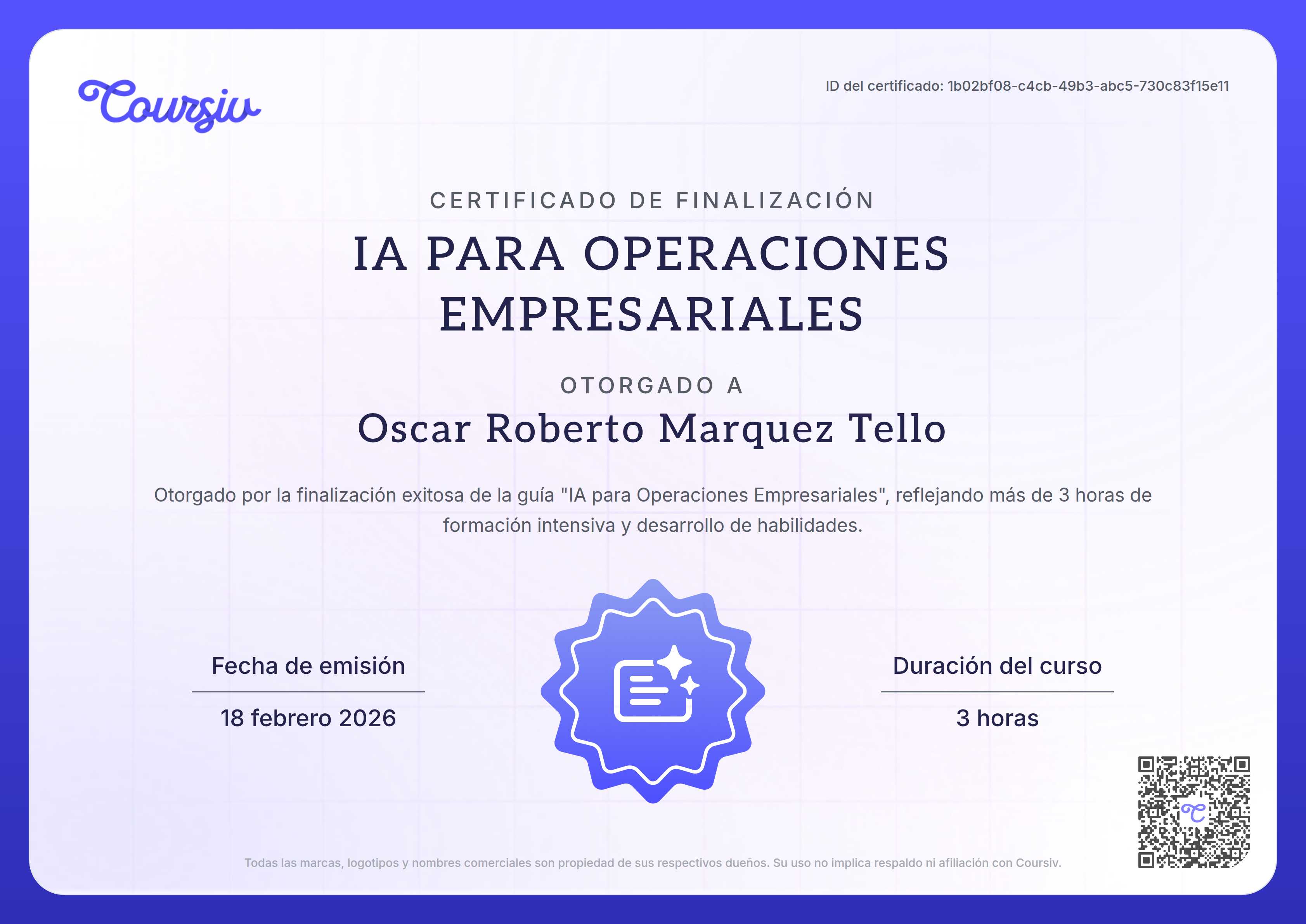 Certificate for IA para operaciones de negocio