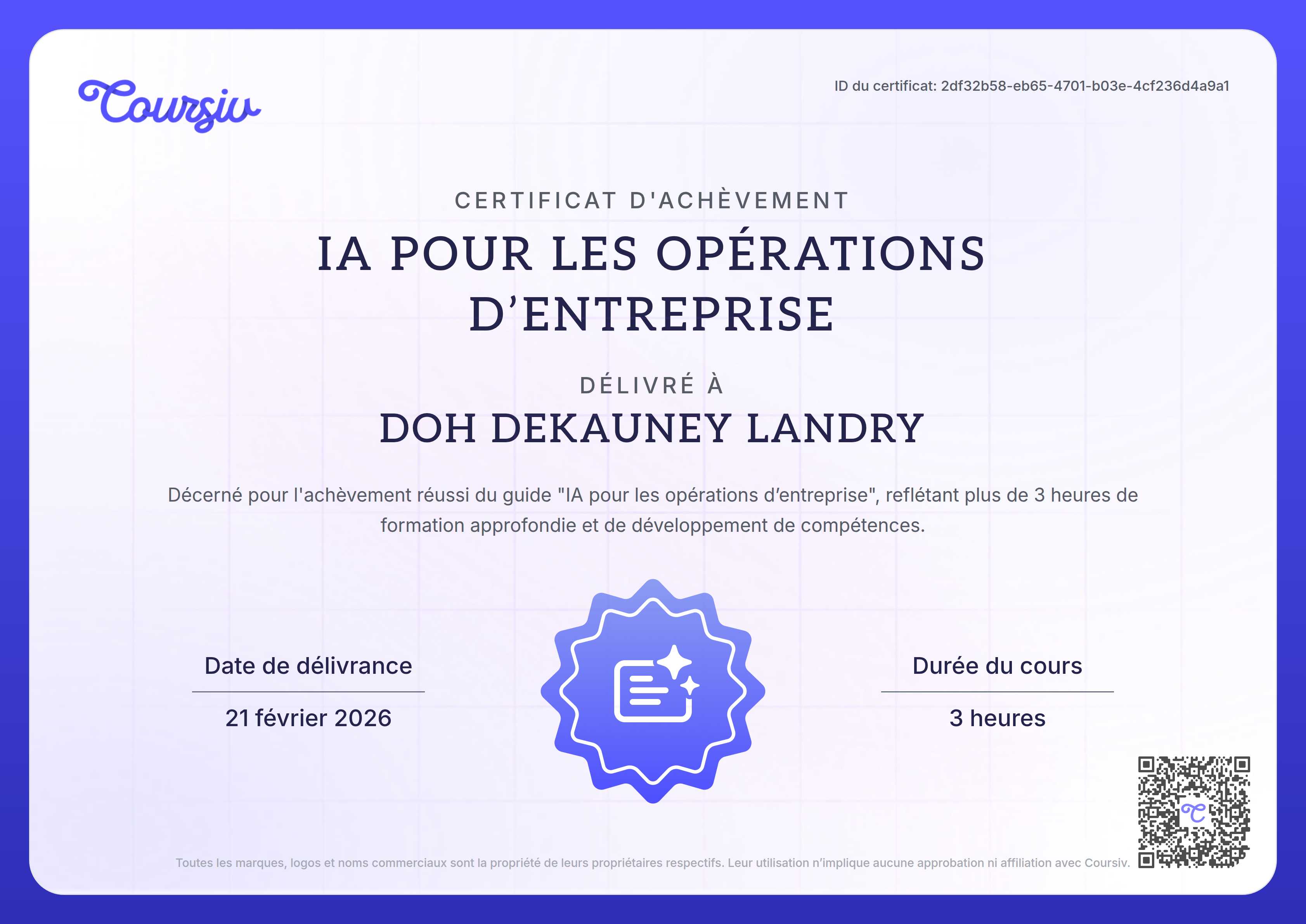 Certificate for L'IA pour les opérations commerciales