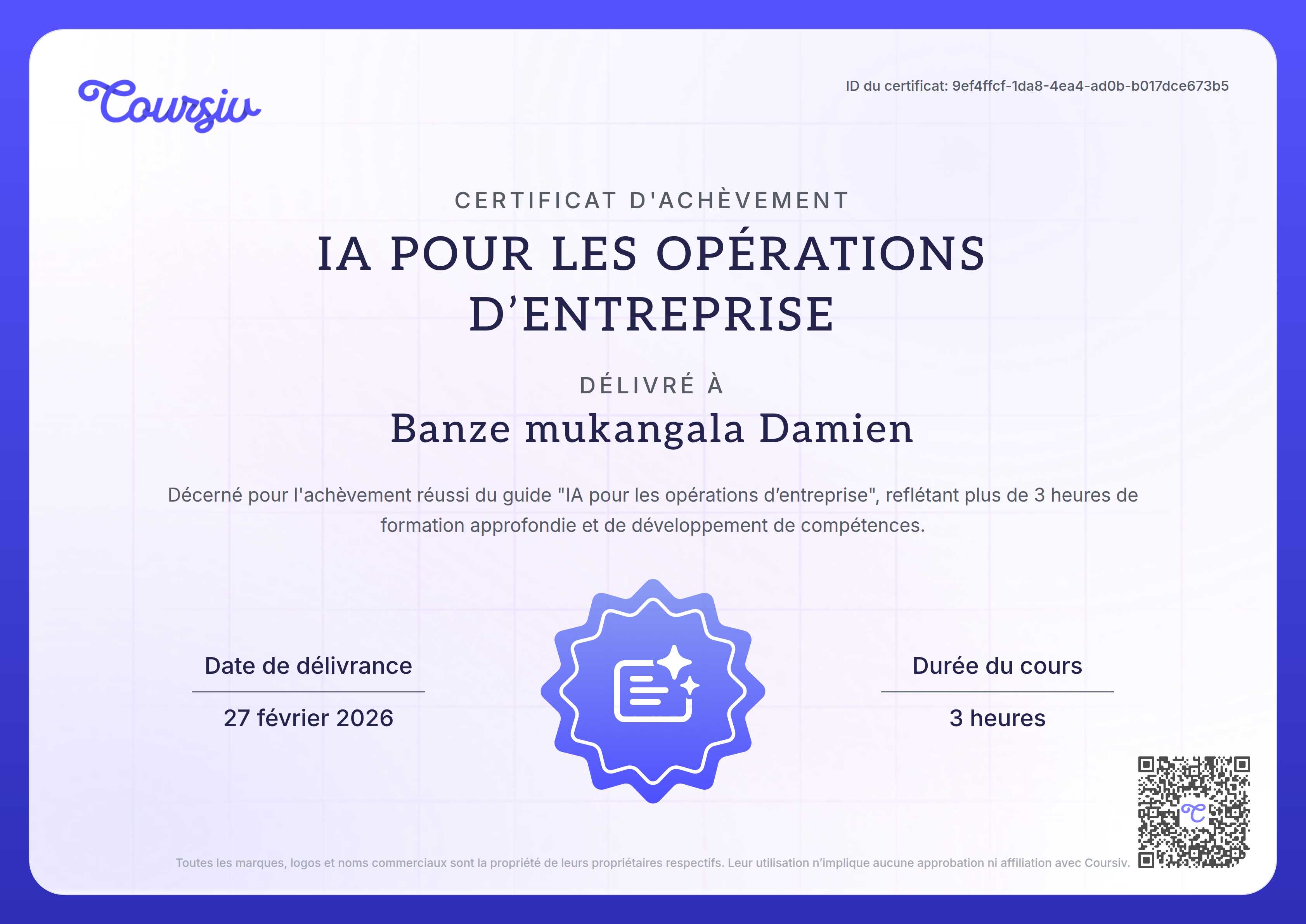 Certificate for IA pour les opérations d’entreprise