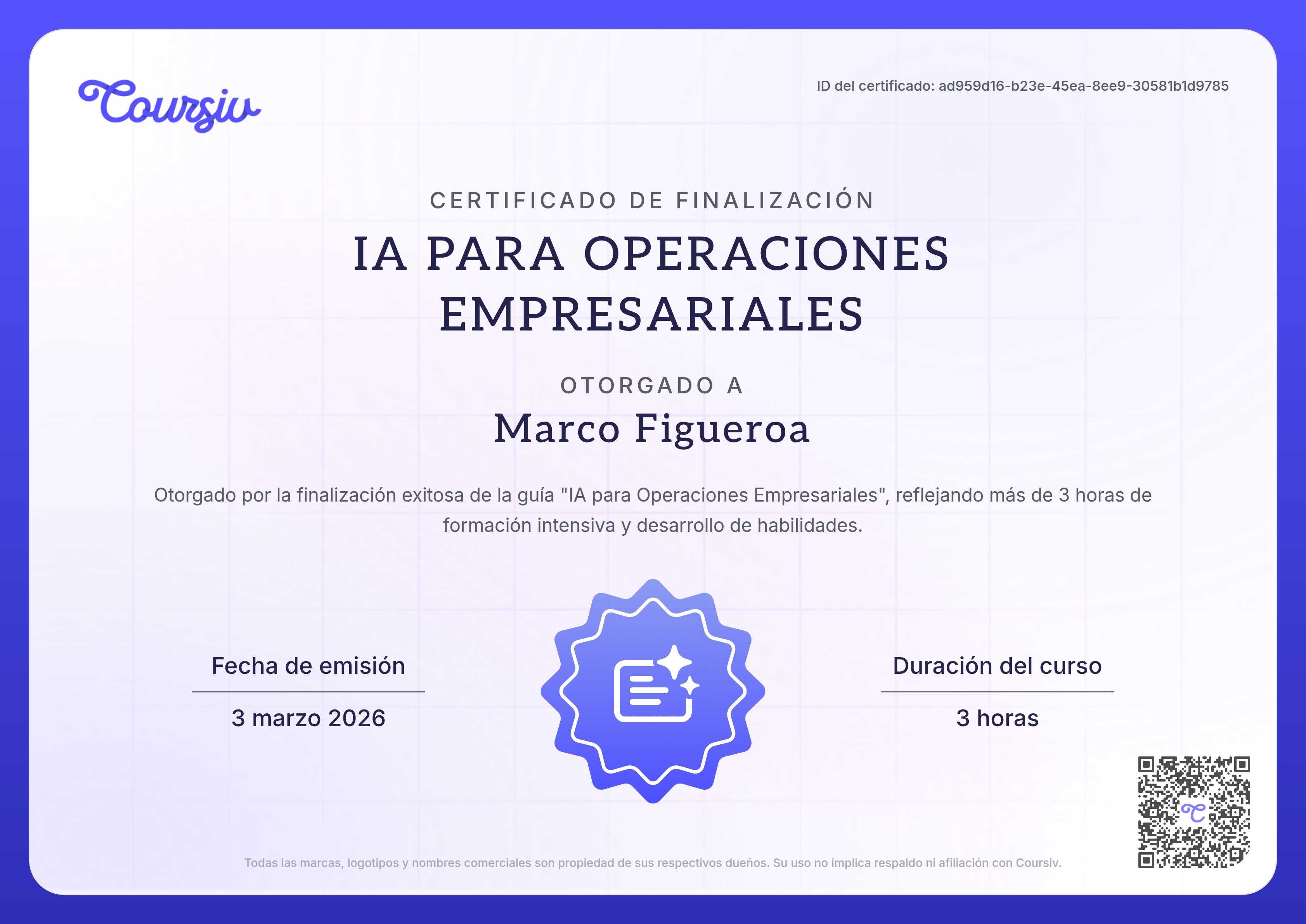 Certificate for IA para operaciones de negocio