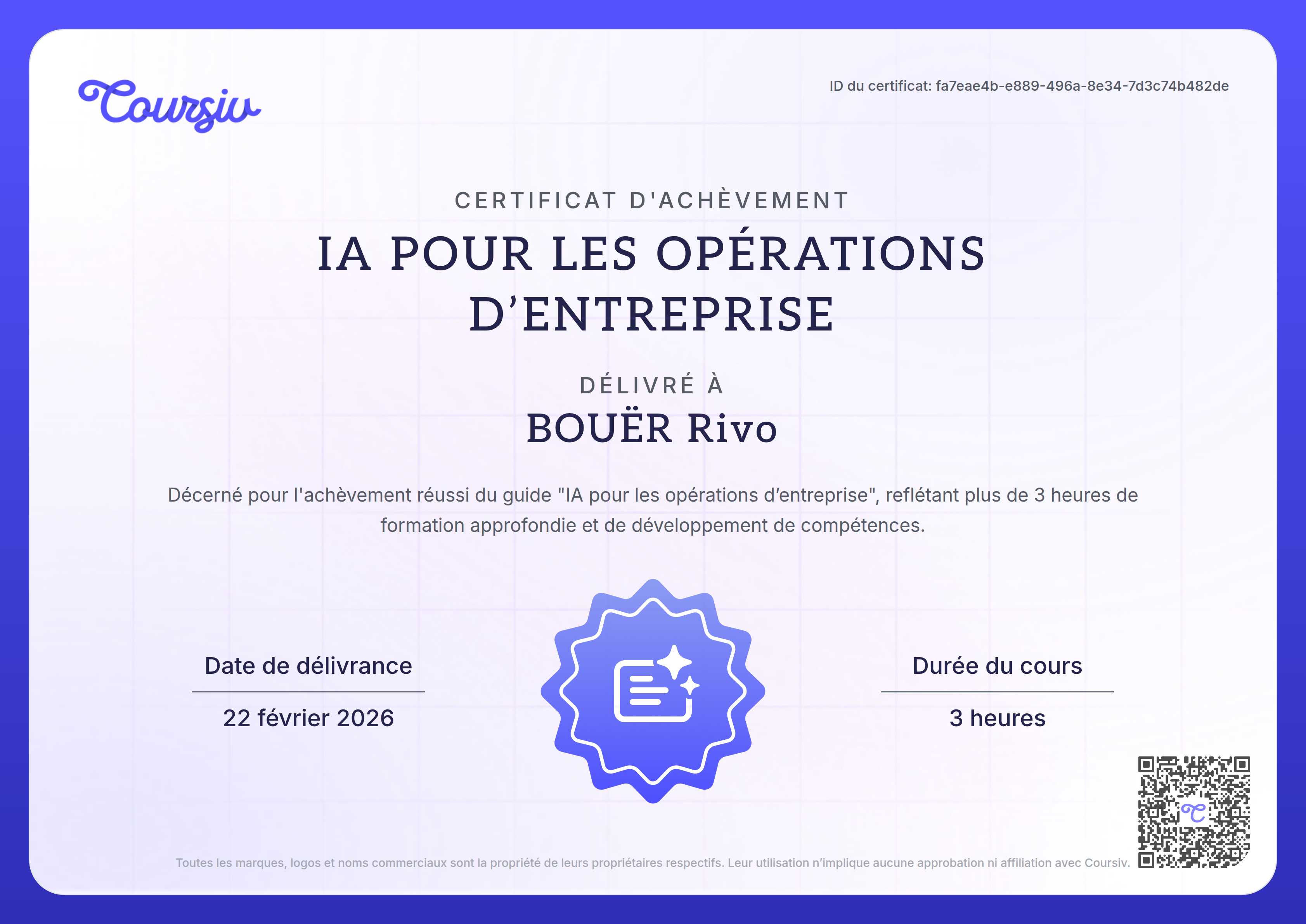 Certificate for L'IA pour les opérations commerciales