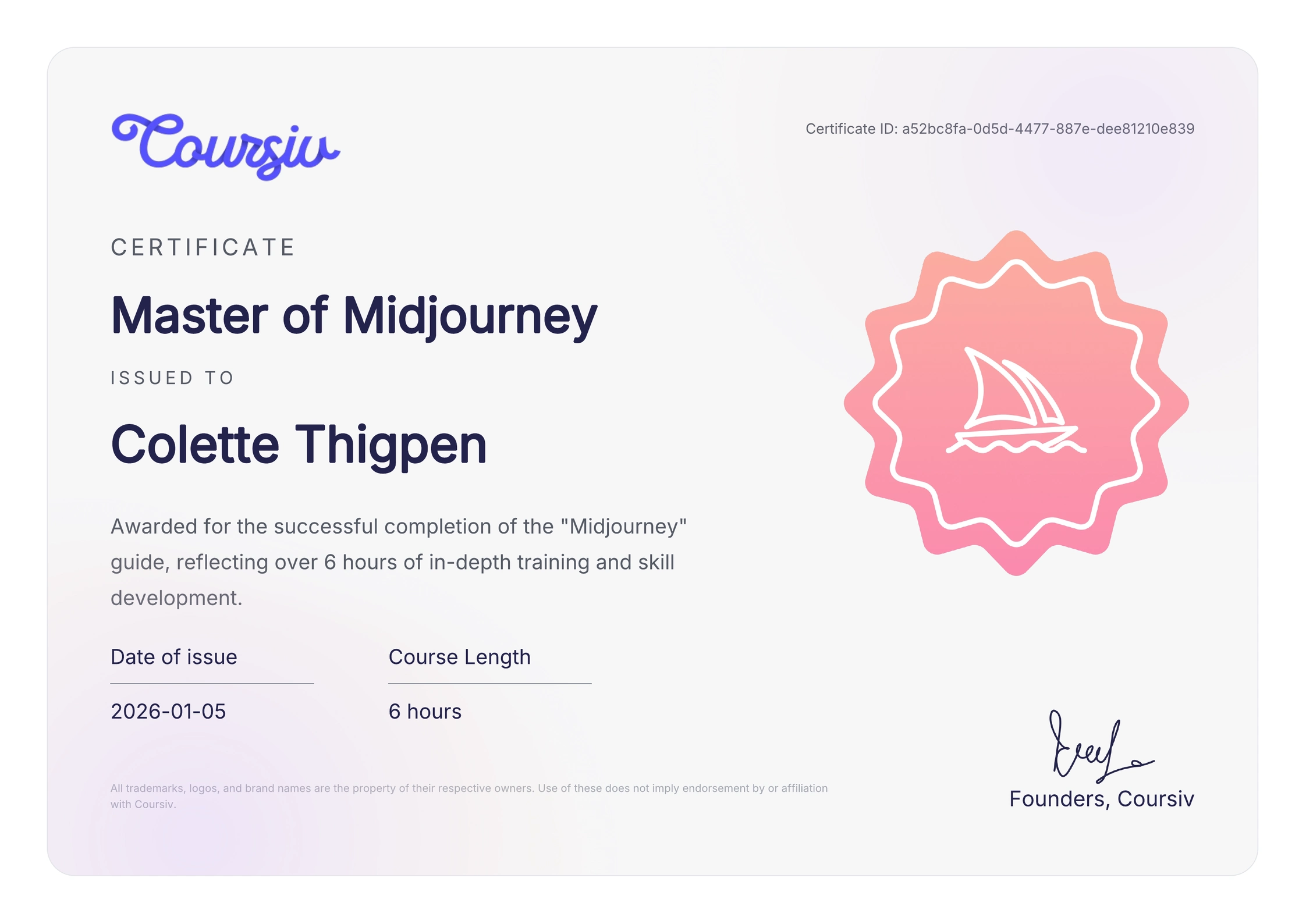 Certificate for Midjourney