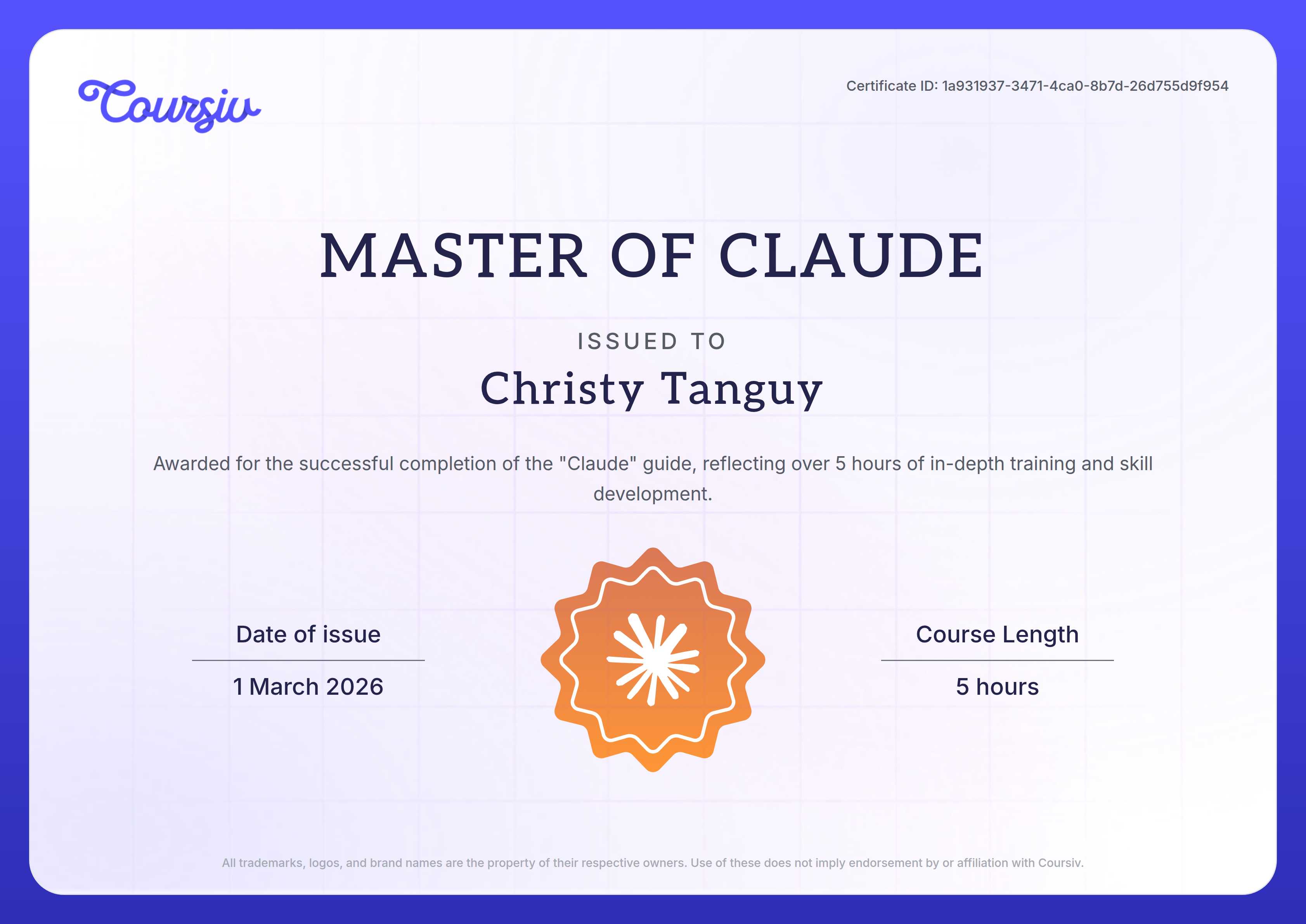 Certificate for Claude
