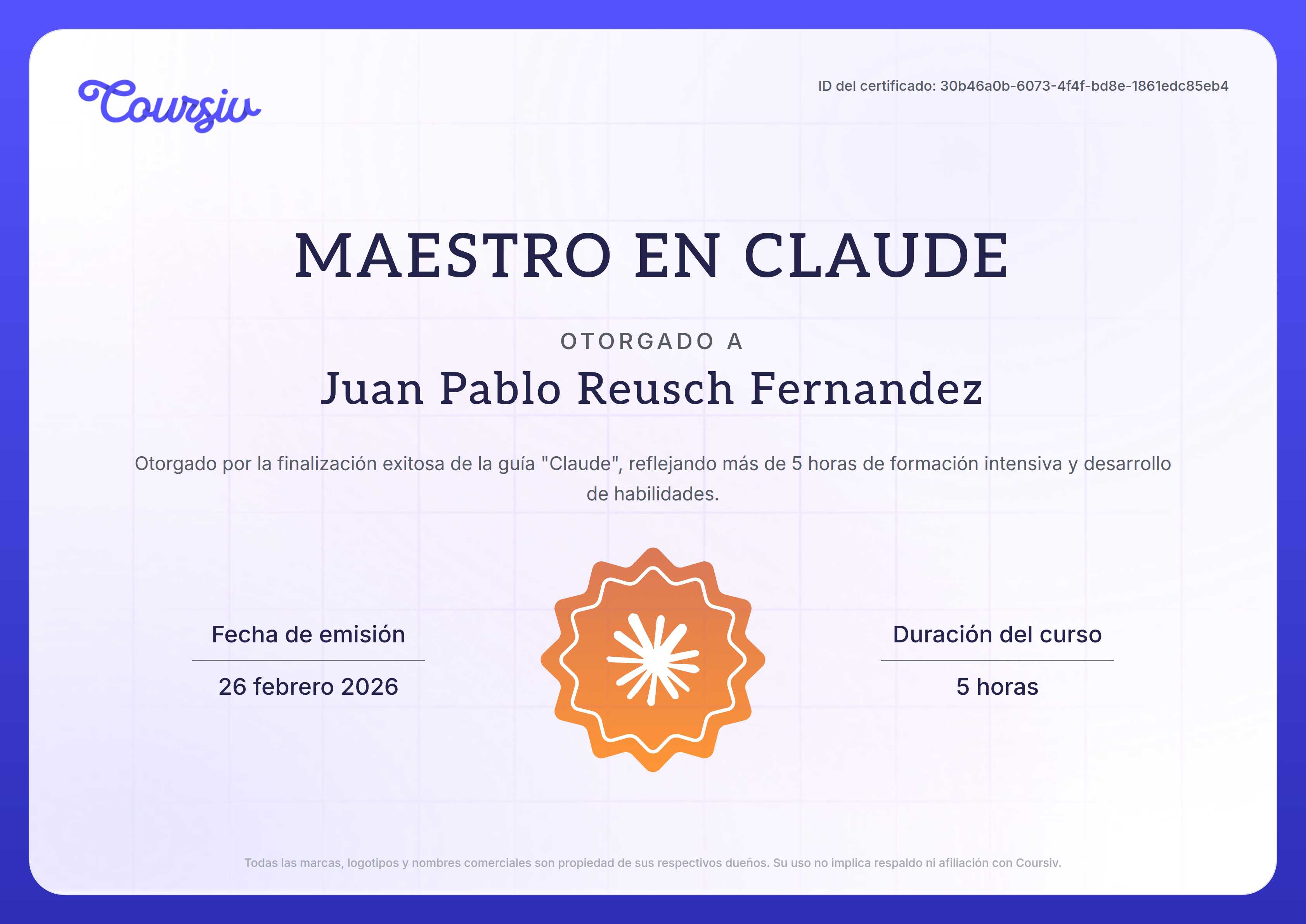 Certificate for Claude