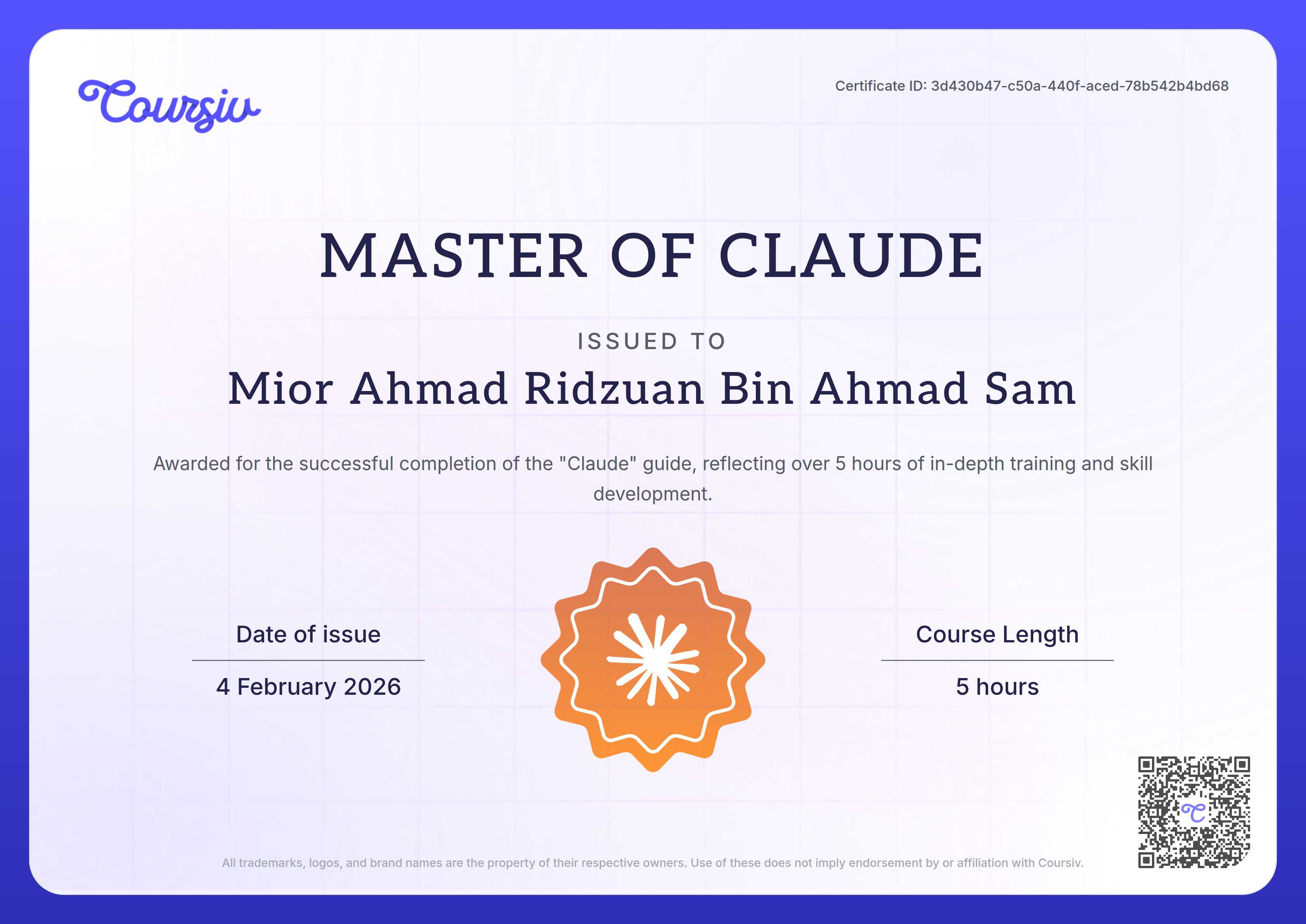 Certificate for Claude
