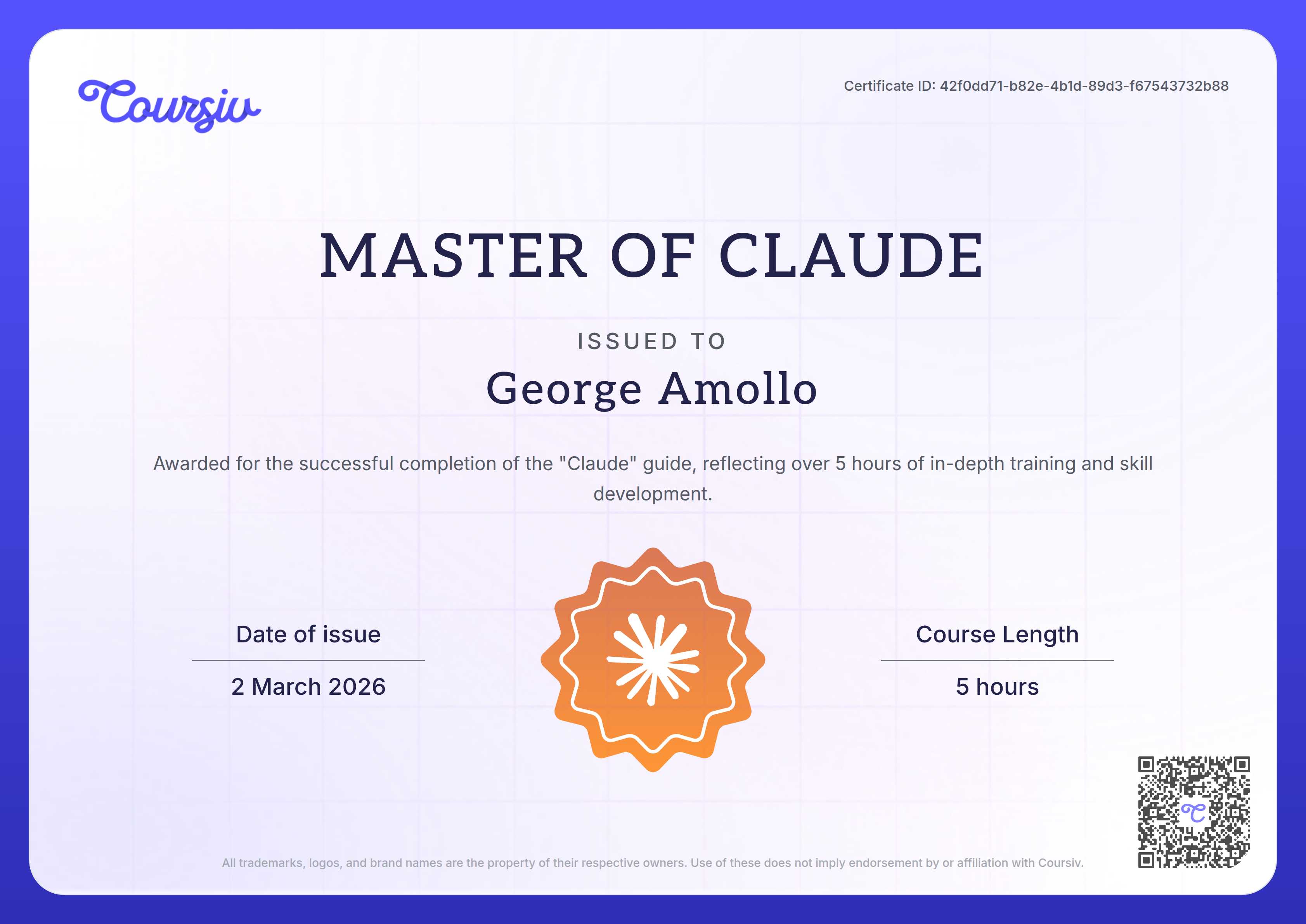 Certificate for Claude