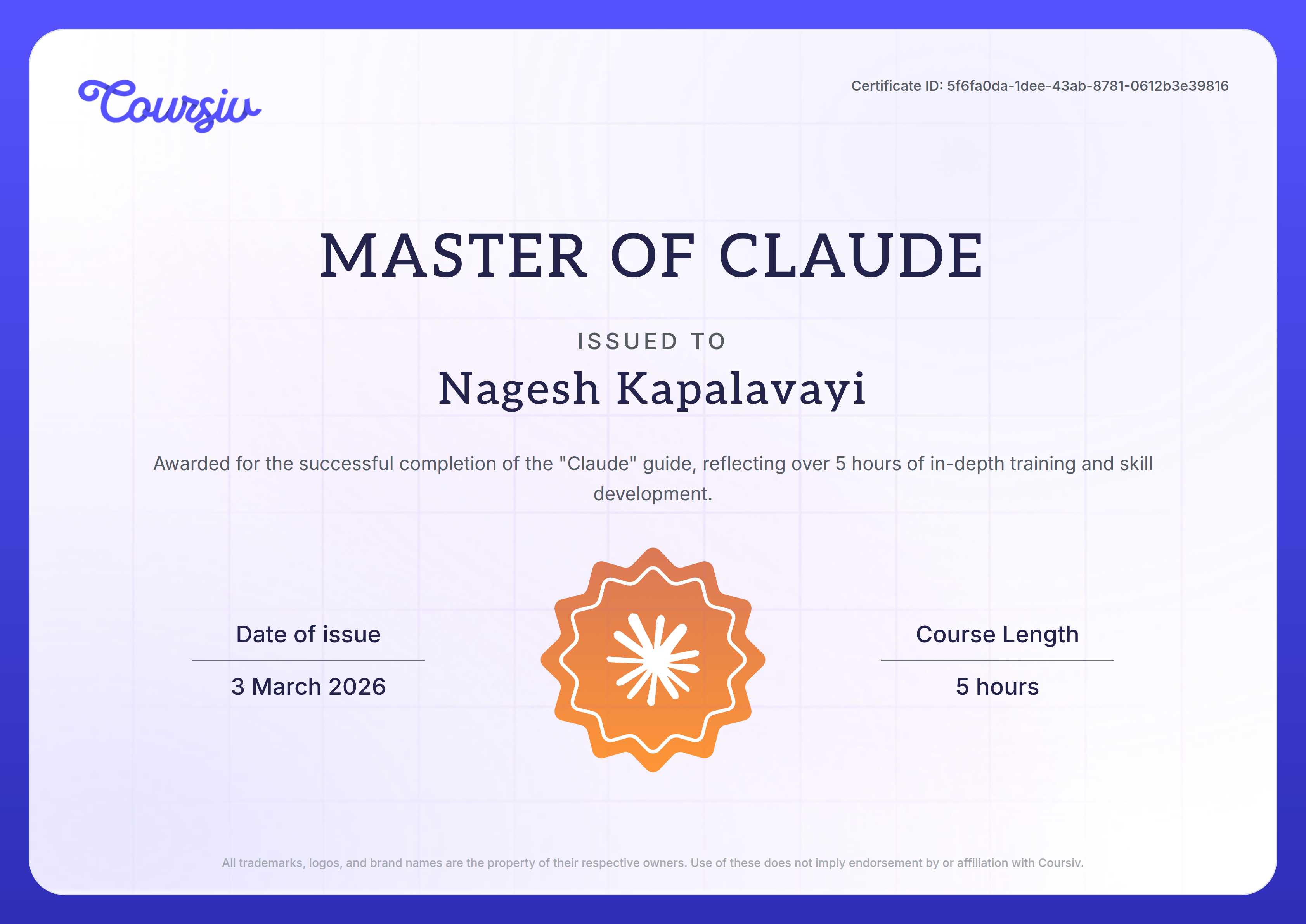 Certificate for Claude