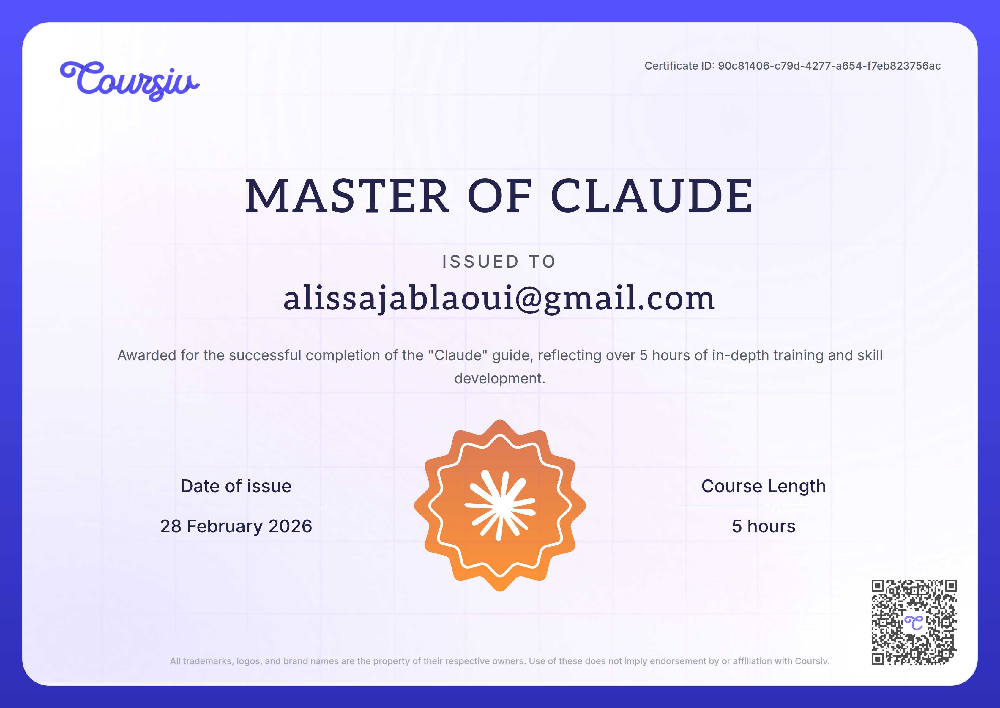 Certificate for Claude