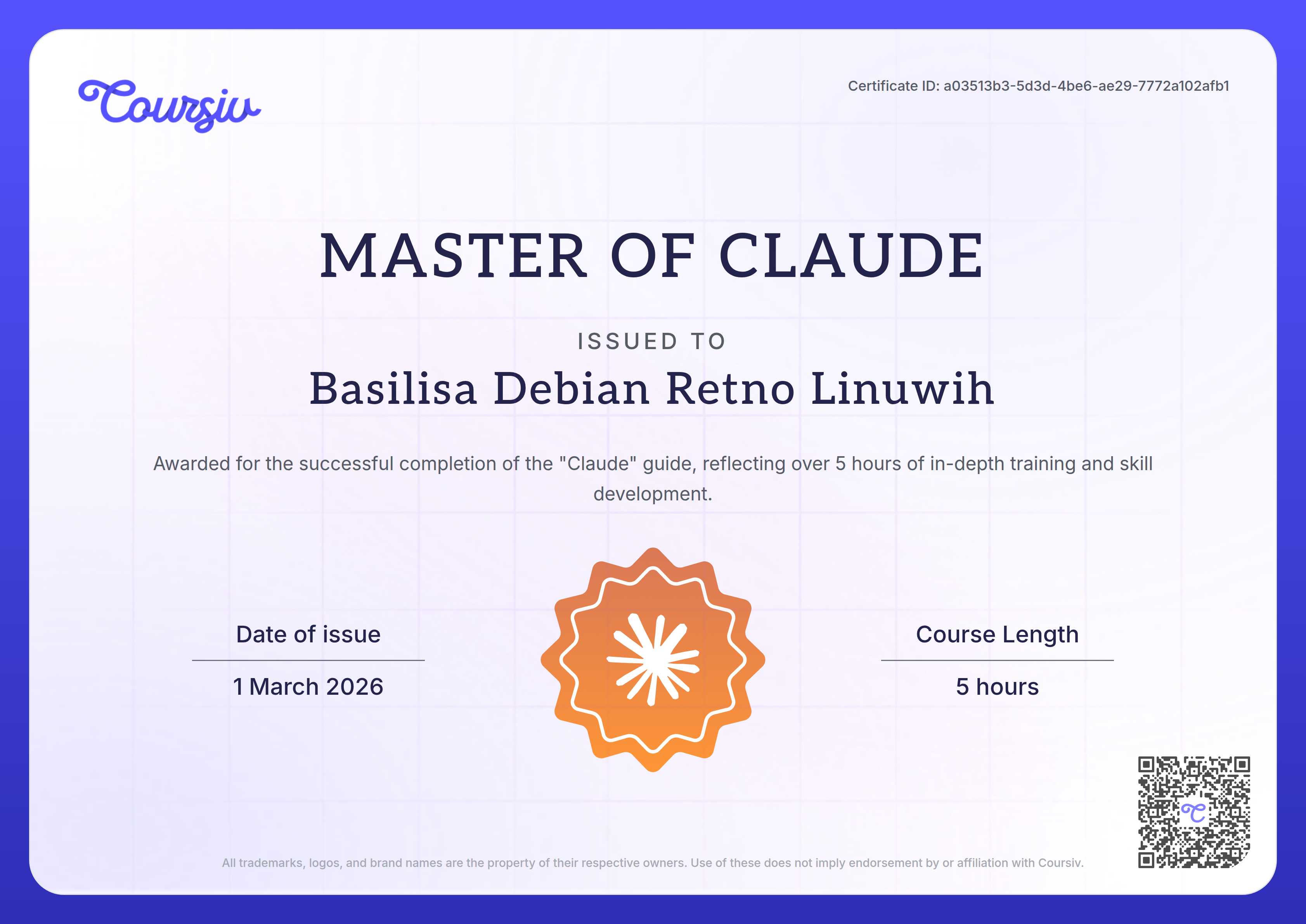 Certificate for Claude
