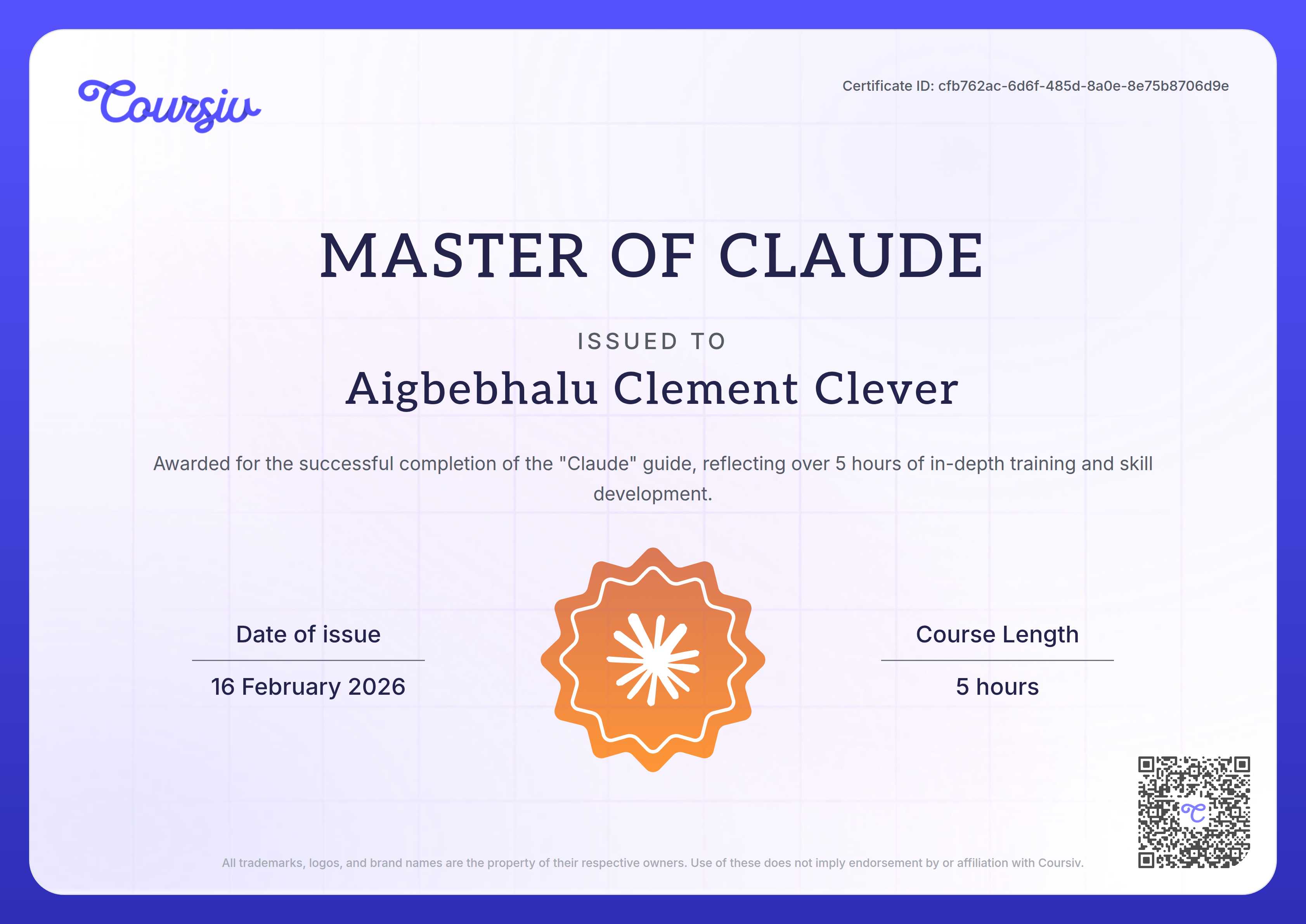 Certificate for Claude