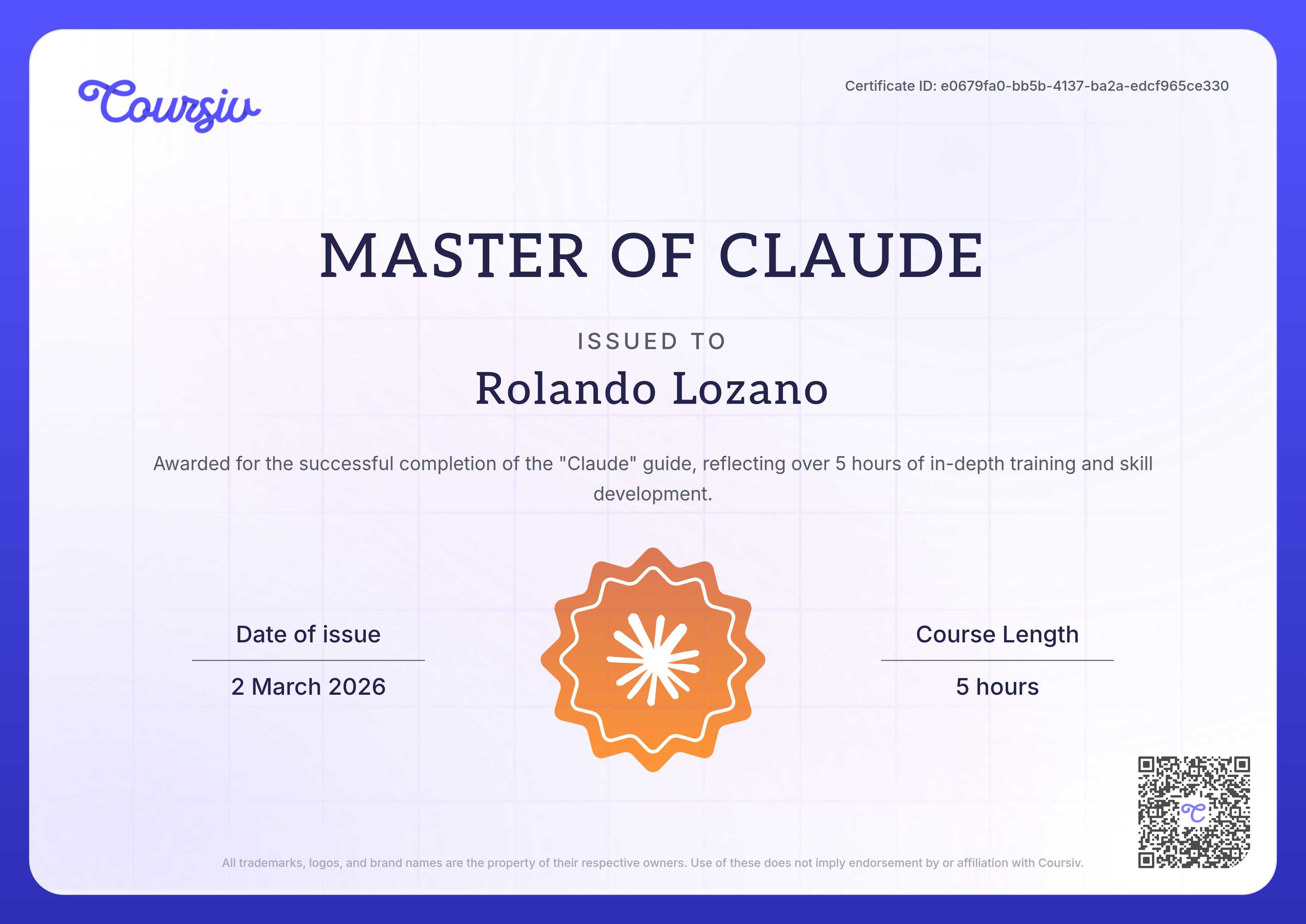 Certificate for Claude