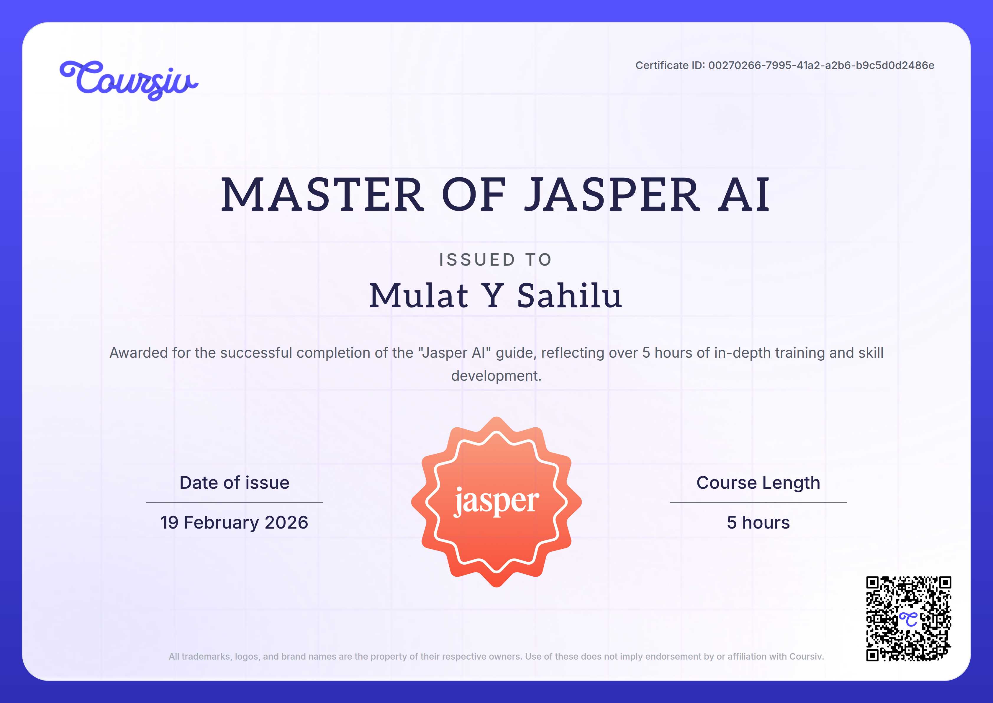 Certificate for Jasper AI