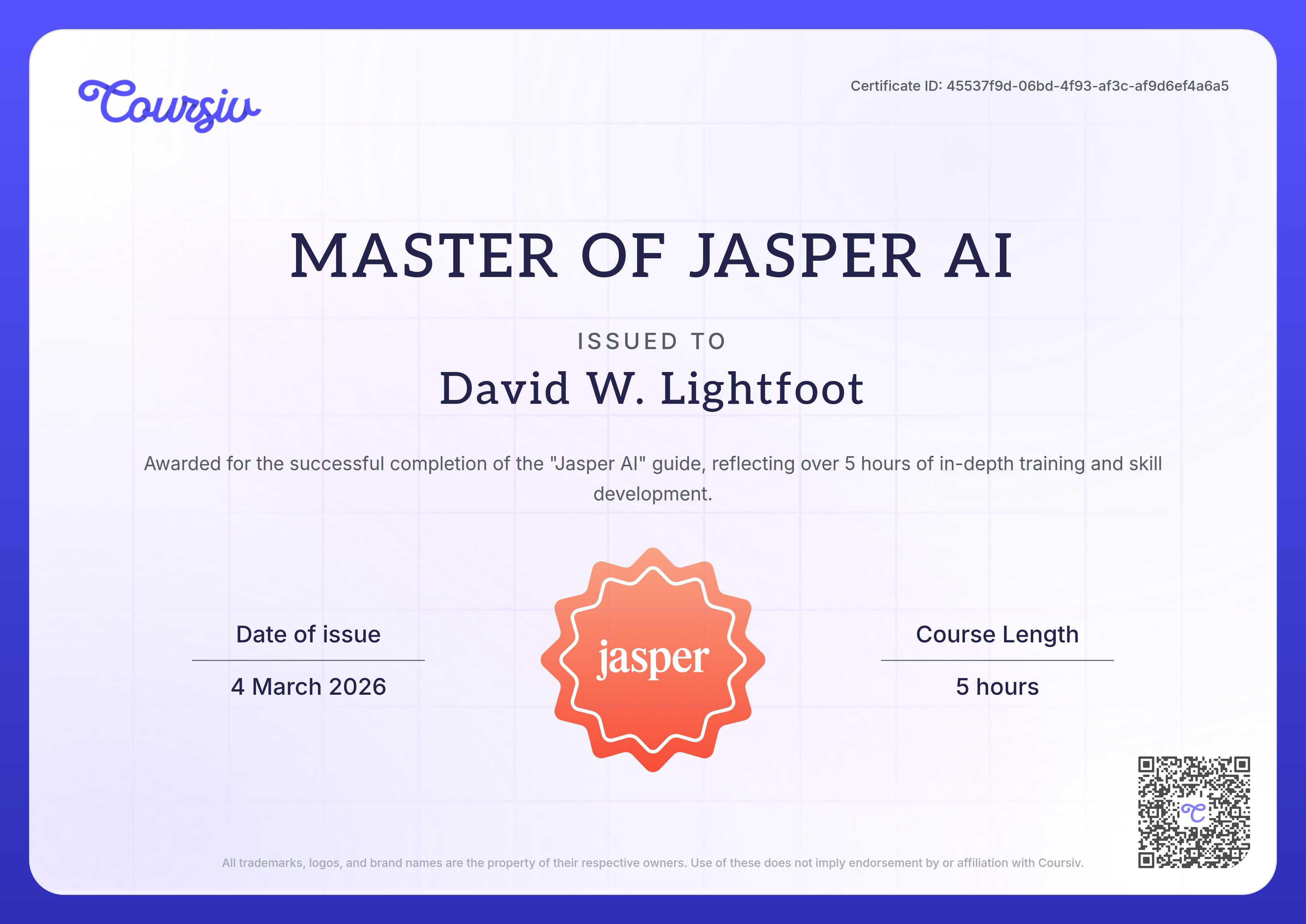 Certificate for Jasper AI