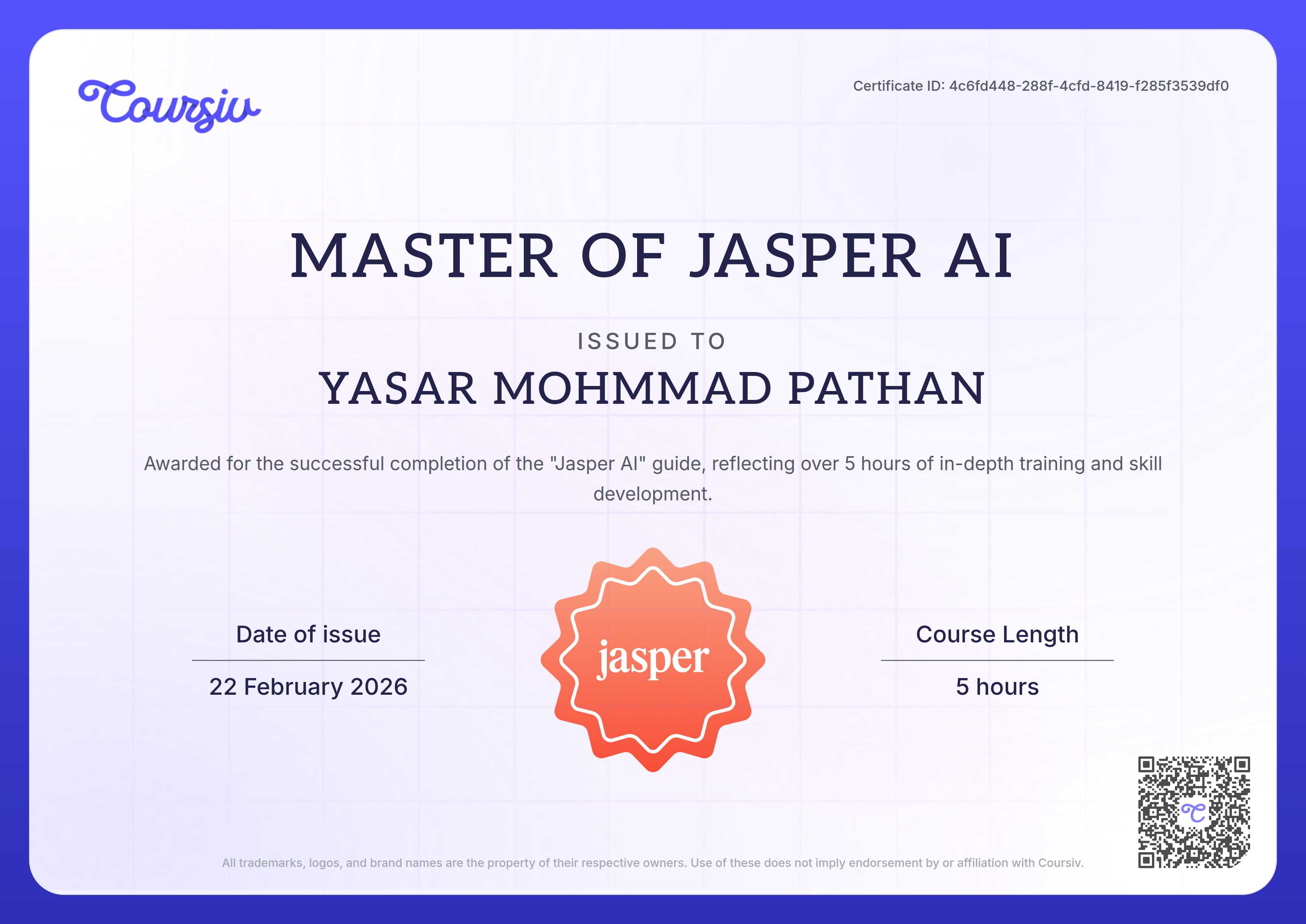 Certificate for Jasper AI