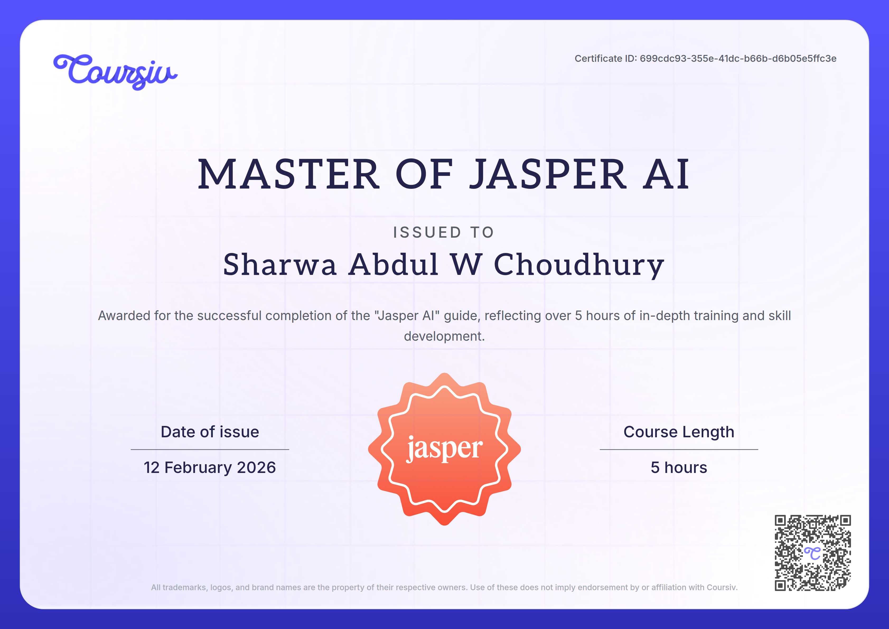 Certificate for Jasper AI