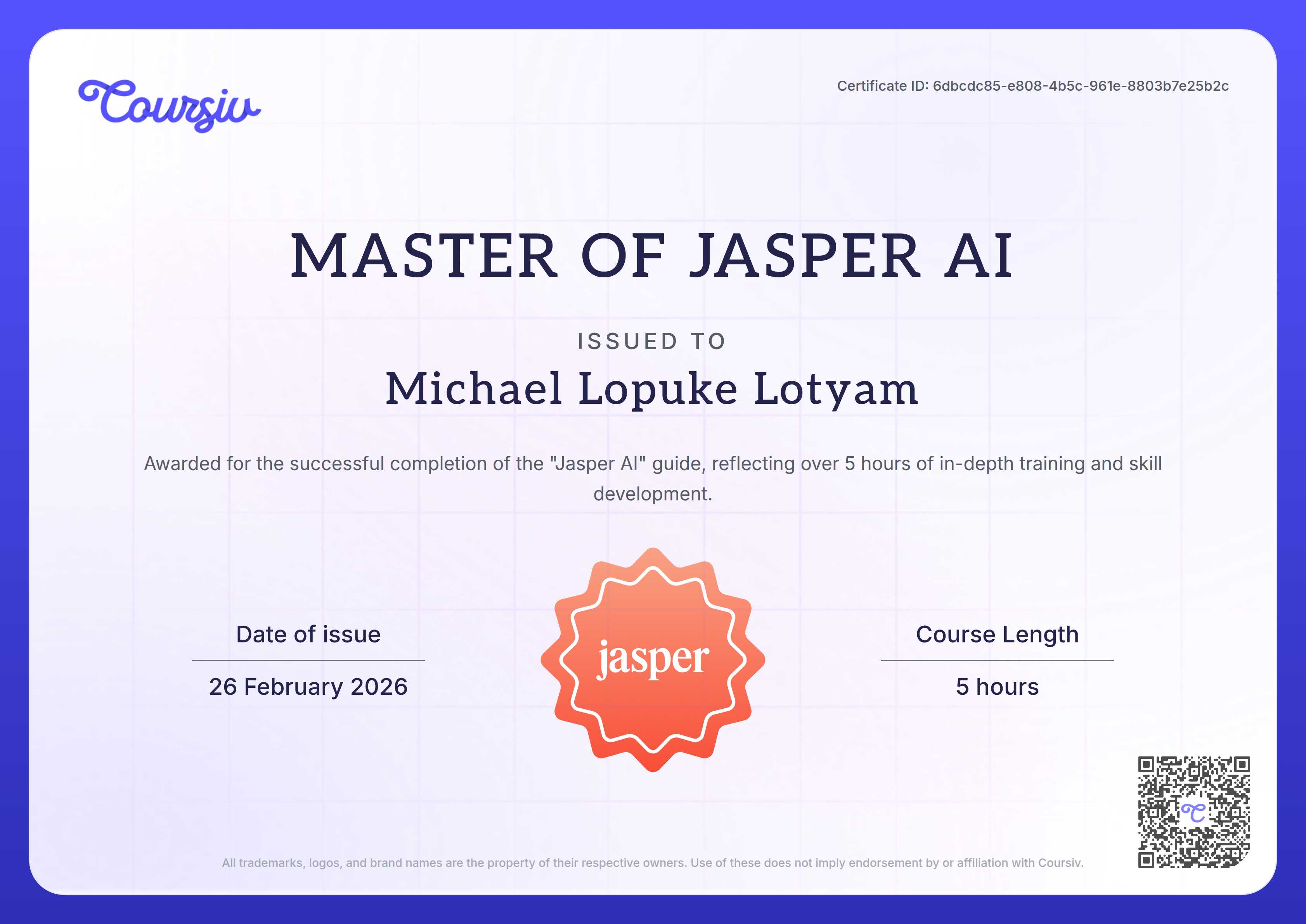Certificate for Jasper AI