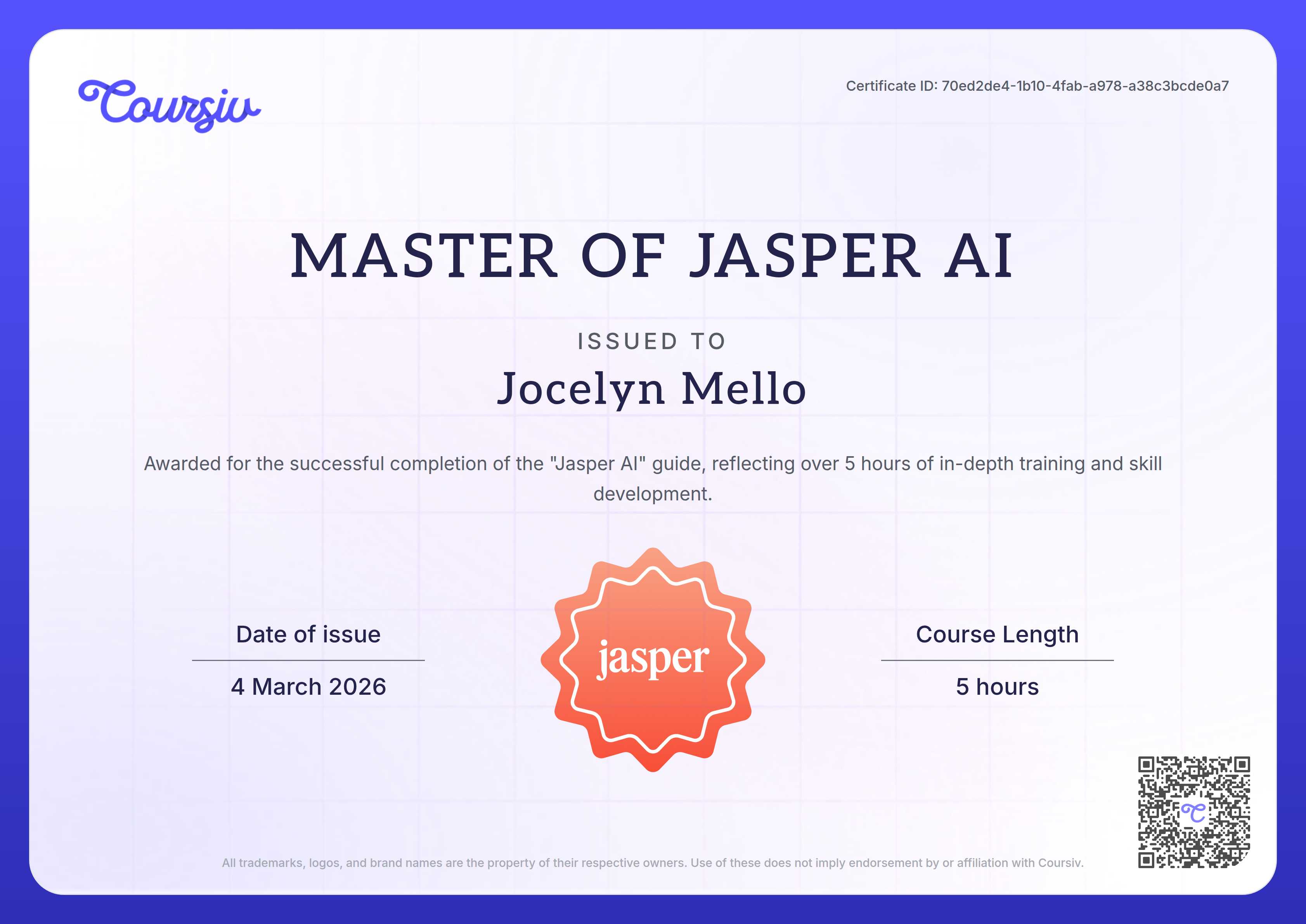 Certificate for Jasper AI