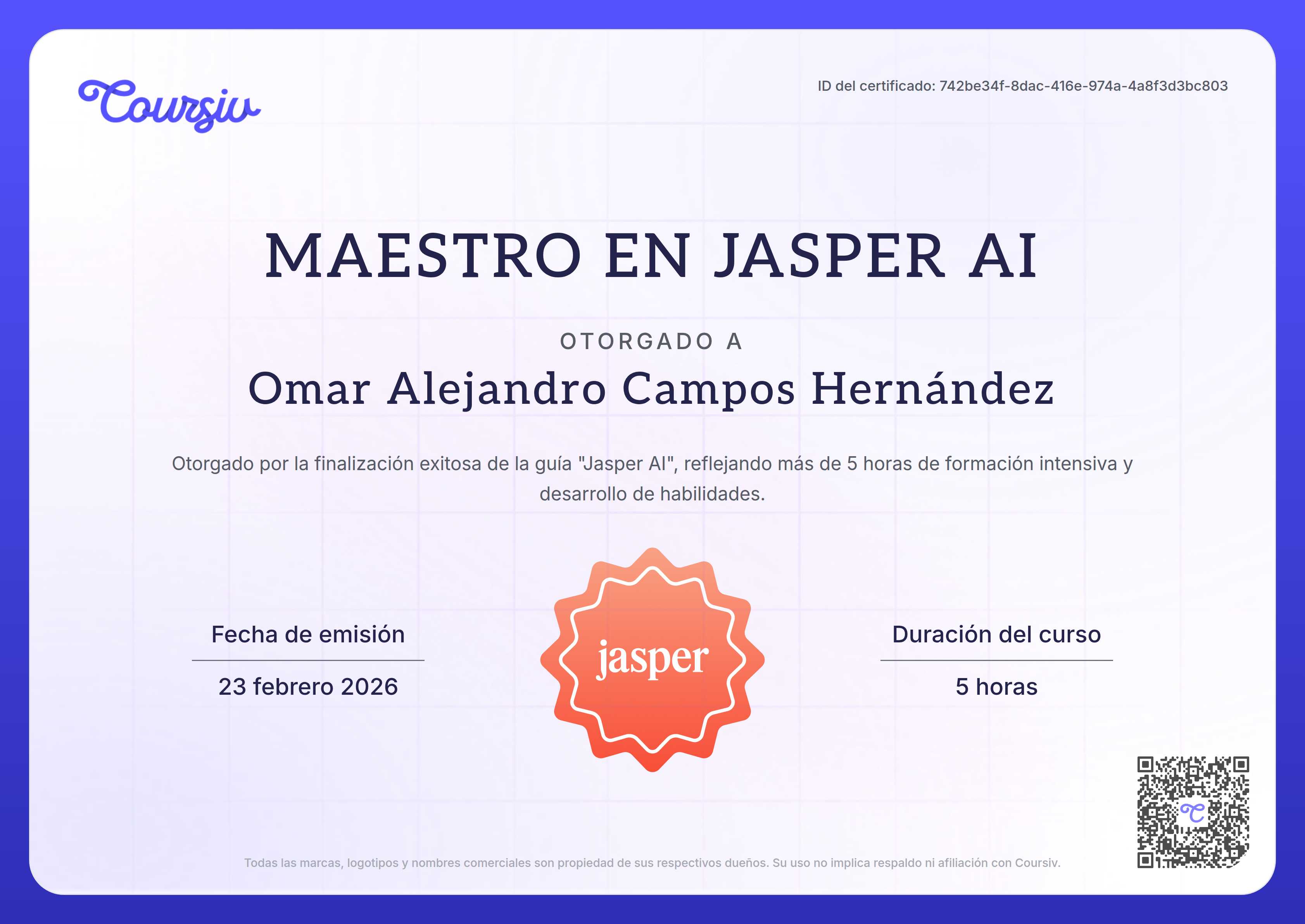Certificate for Jasper AI