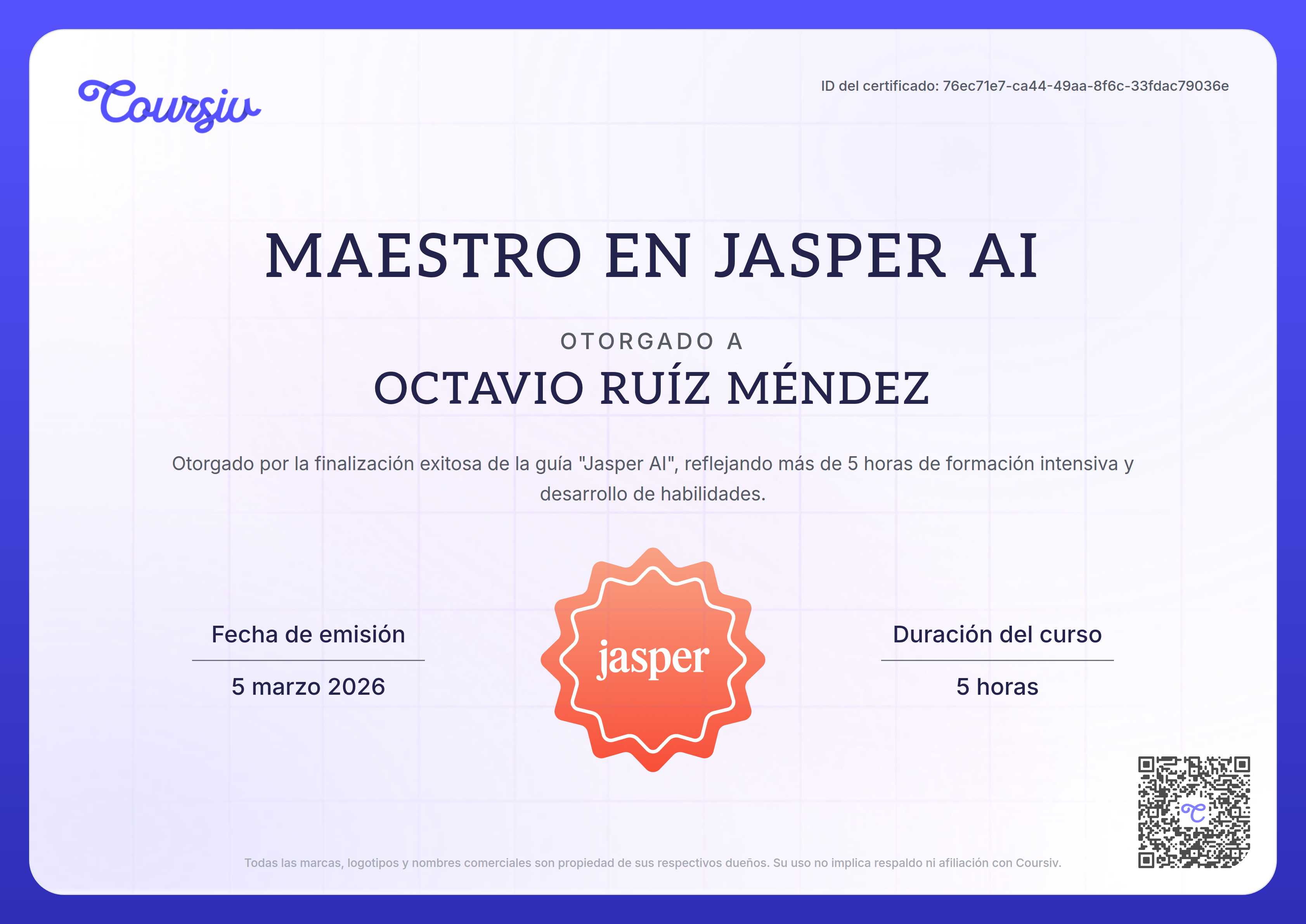 Certificate for Jasper AI