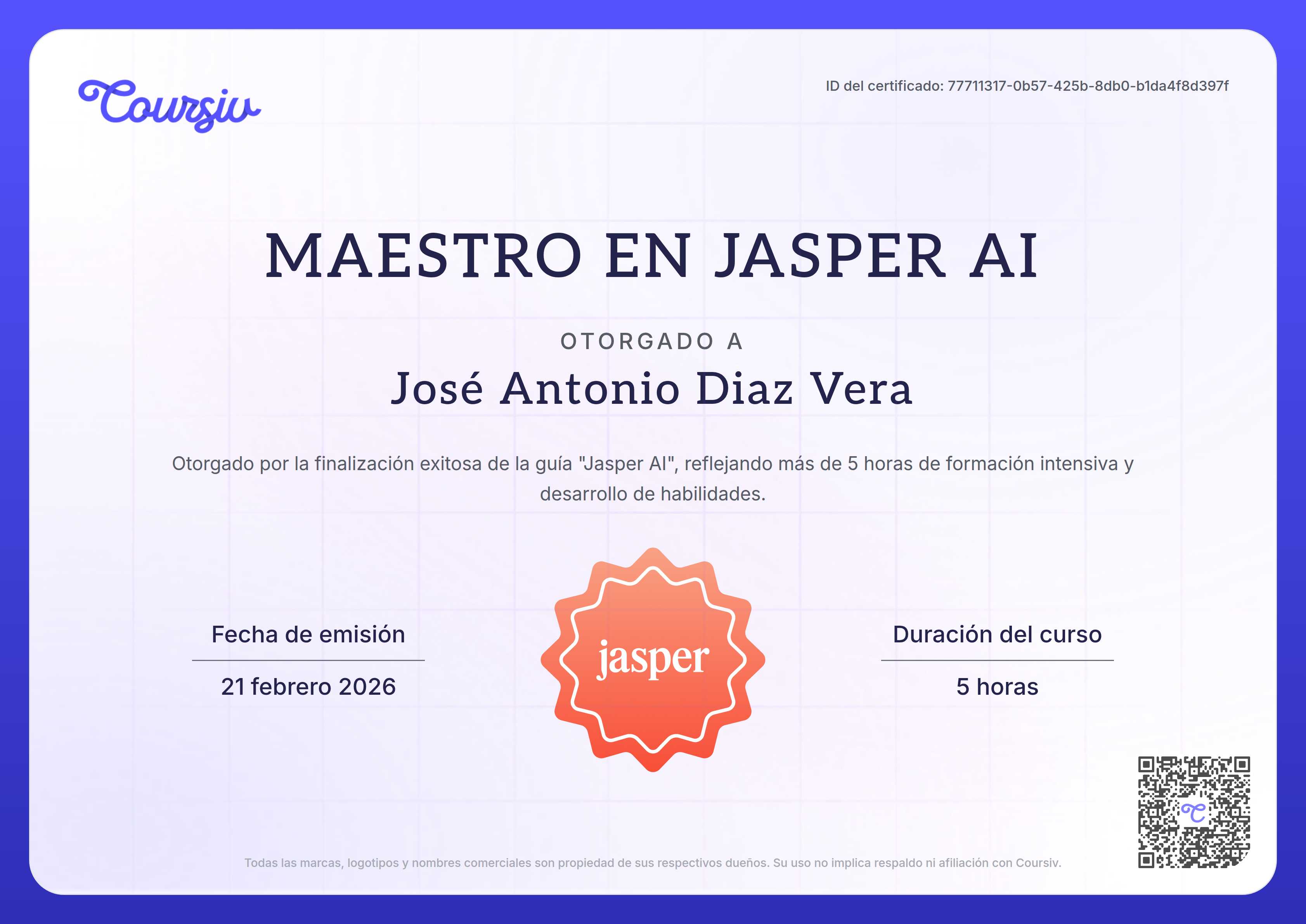 Certificate for Jasper AI