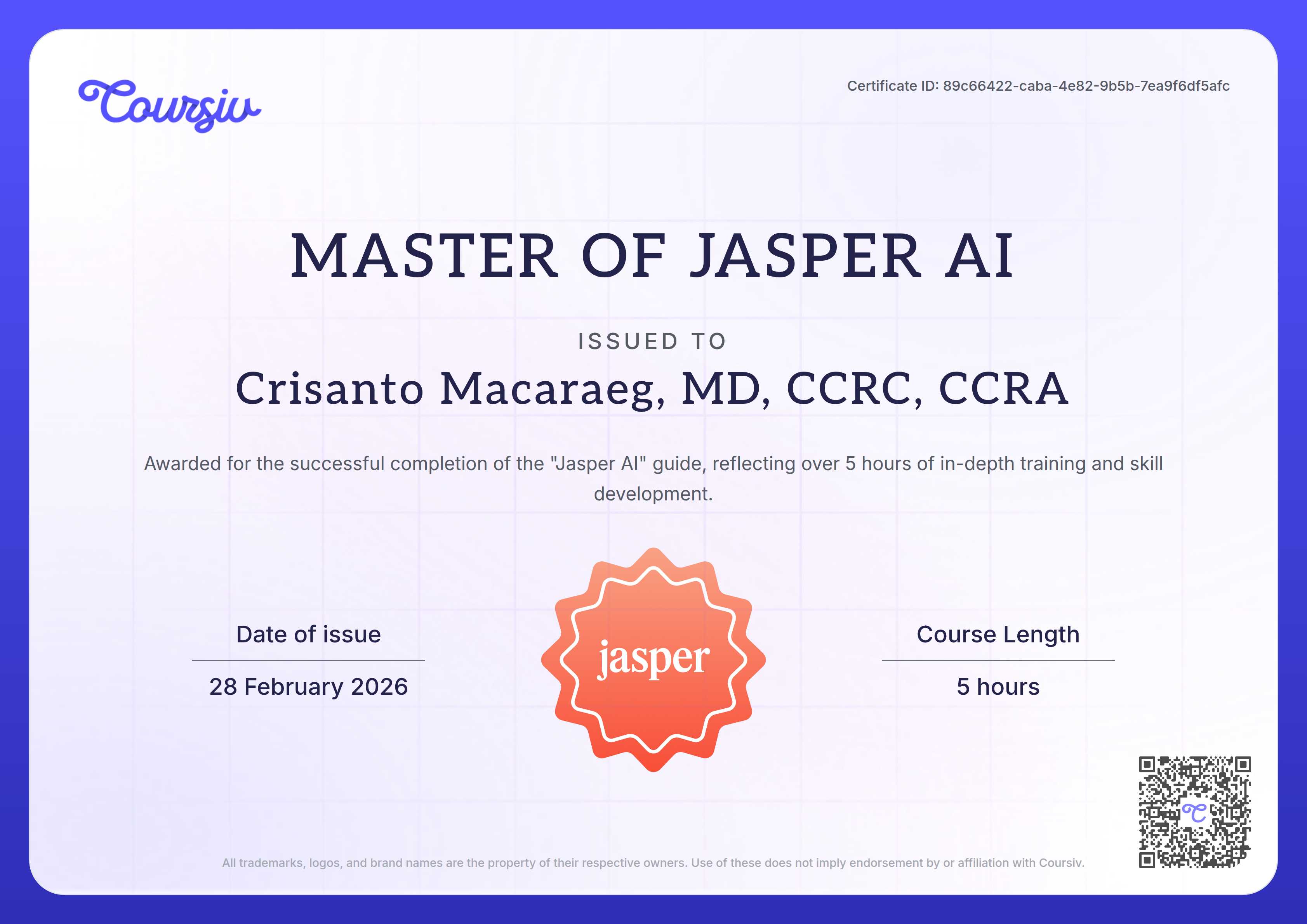 Certificate for Jasper AI