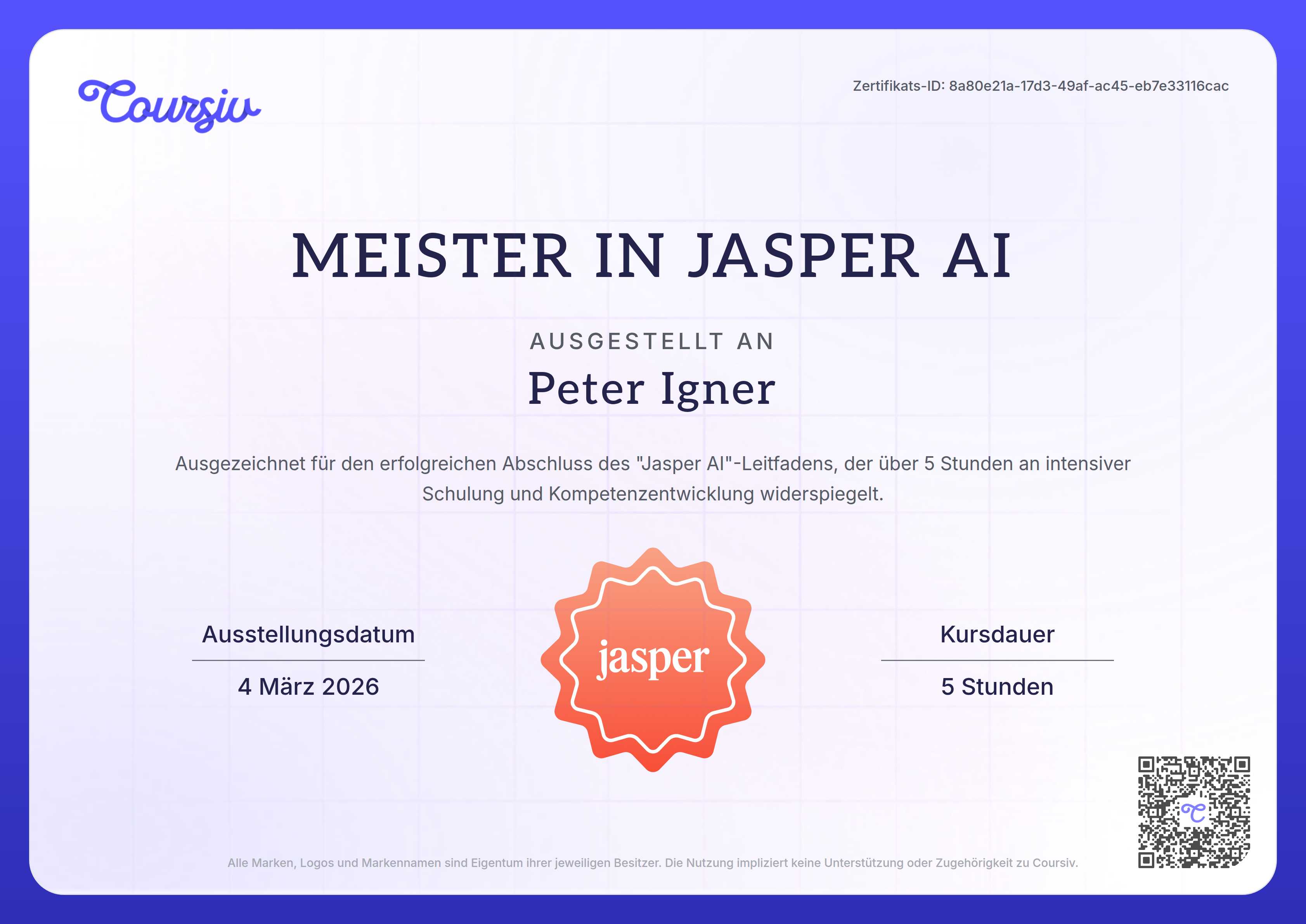Certificate for Jasper AI