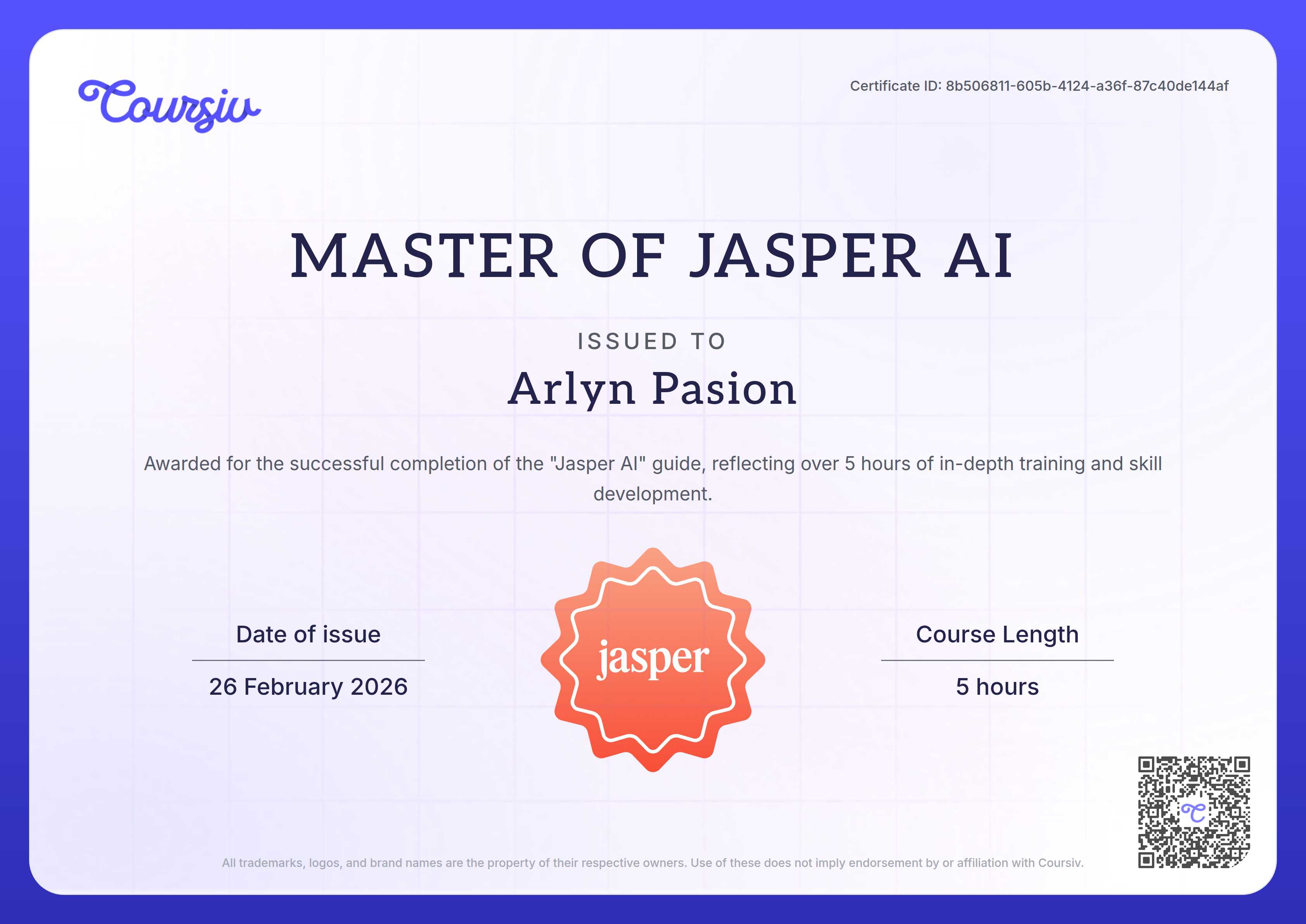 Certificate for Jasper AI