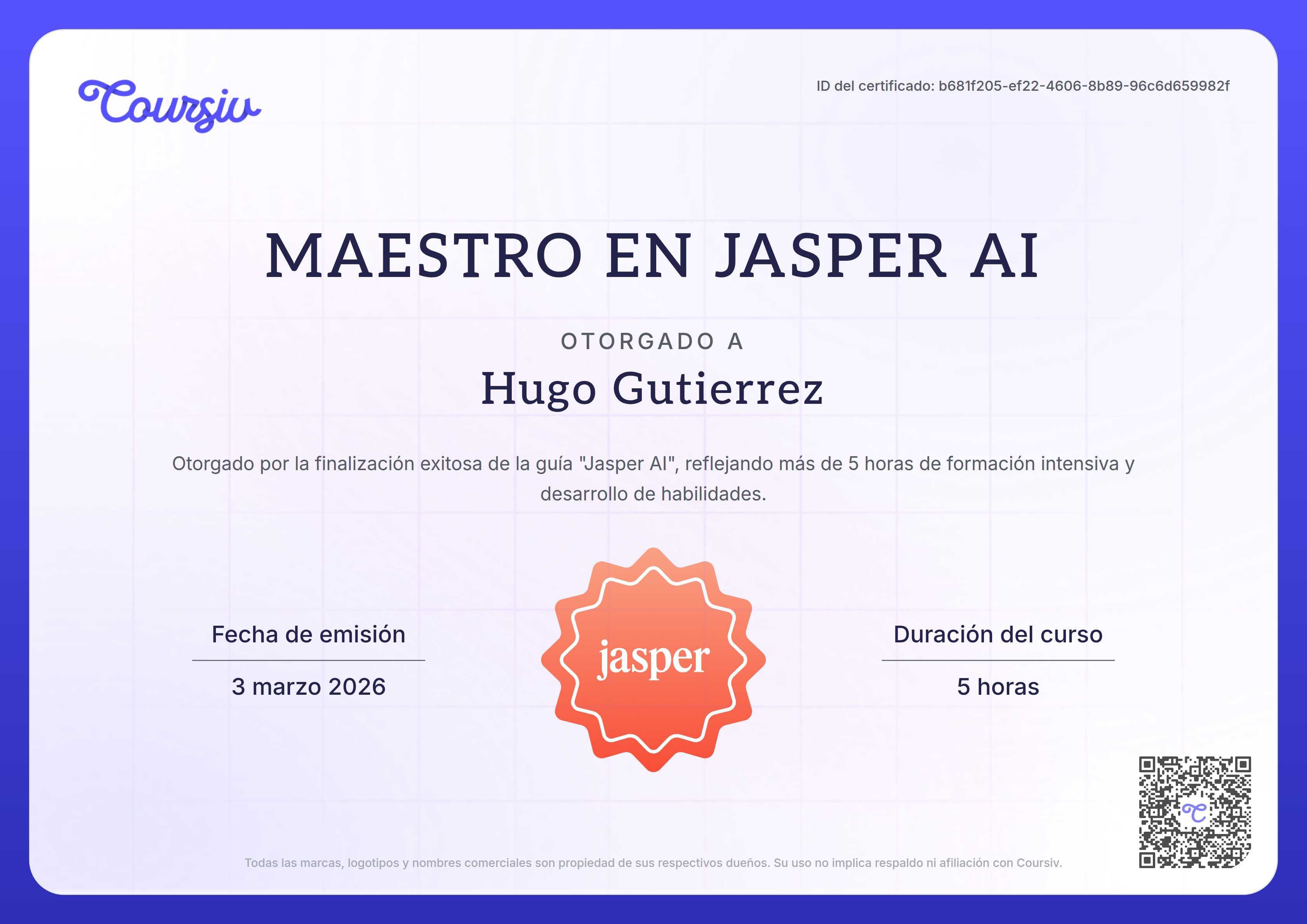 Certificate for Jasper AI