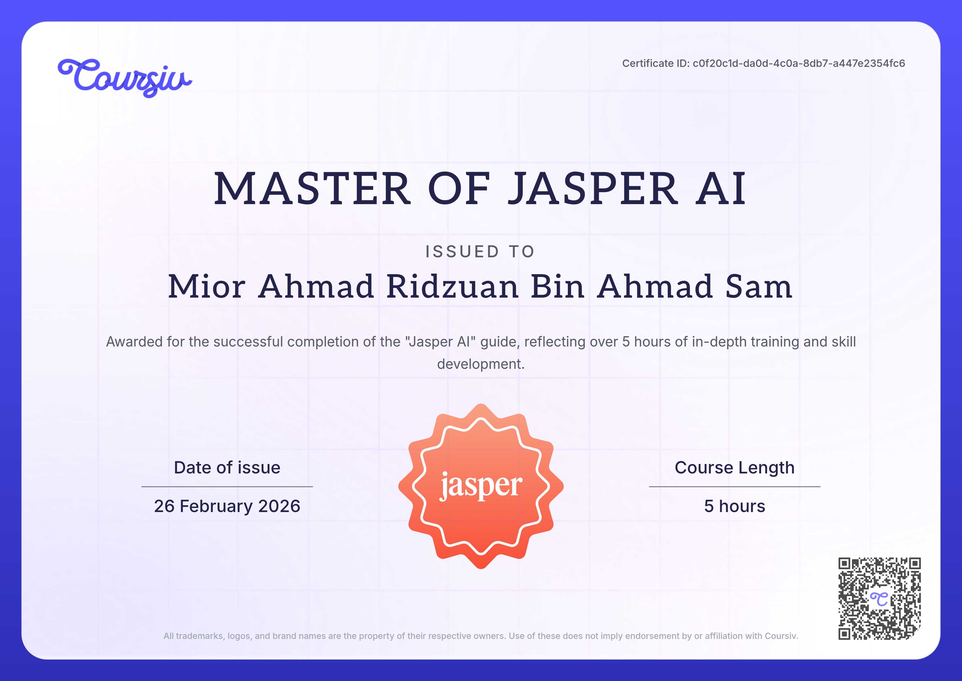 Certificate for Jasper AI