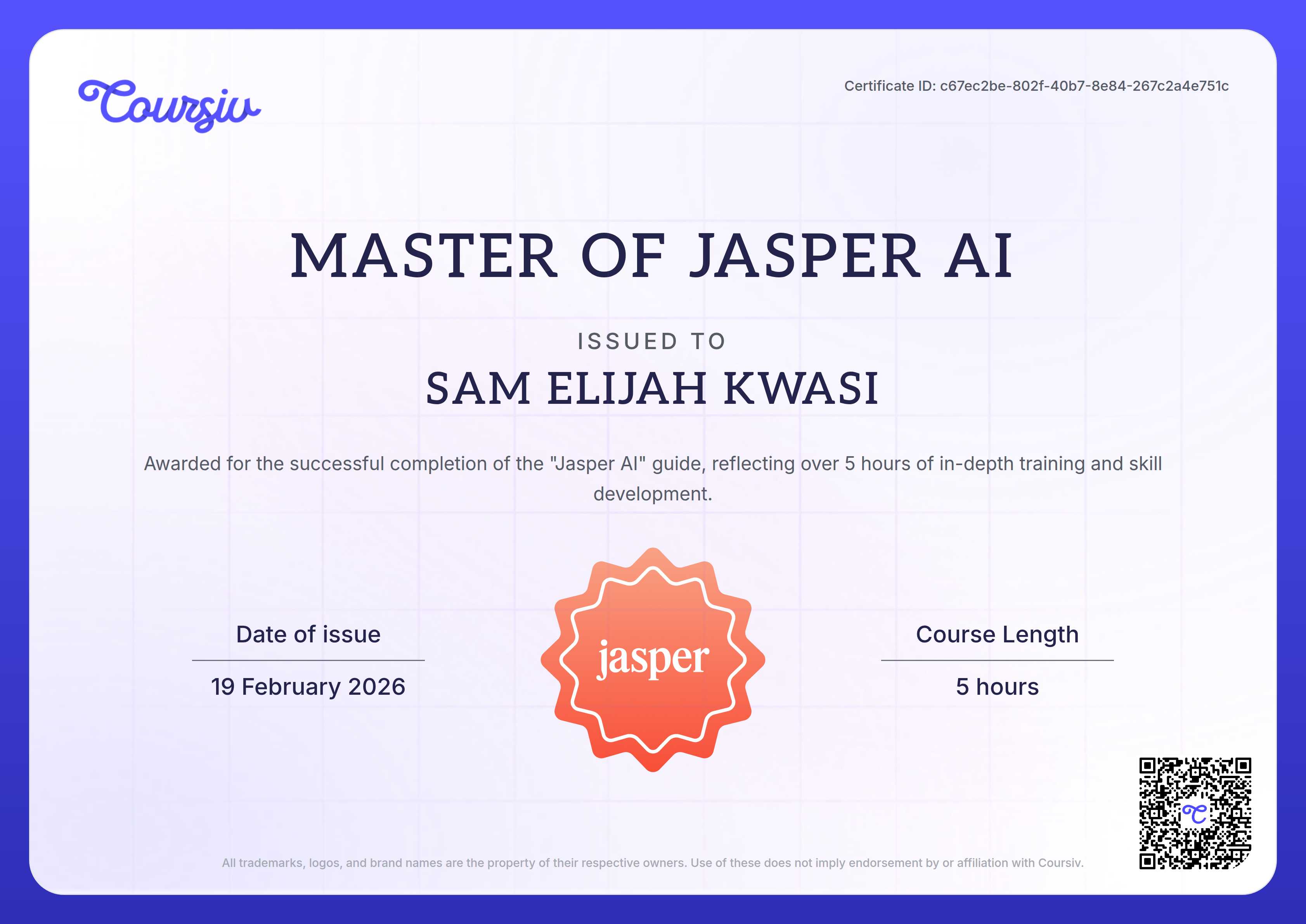Certificate for Jasper AI
