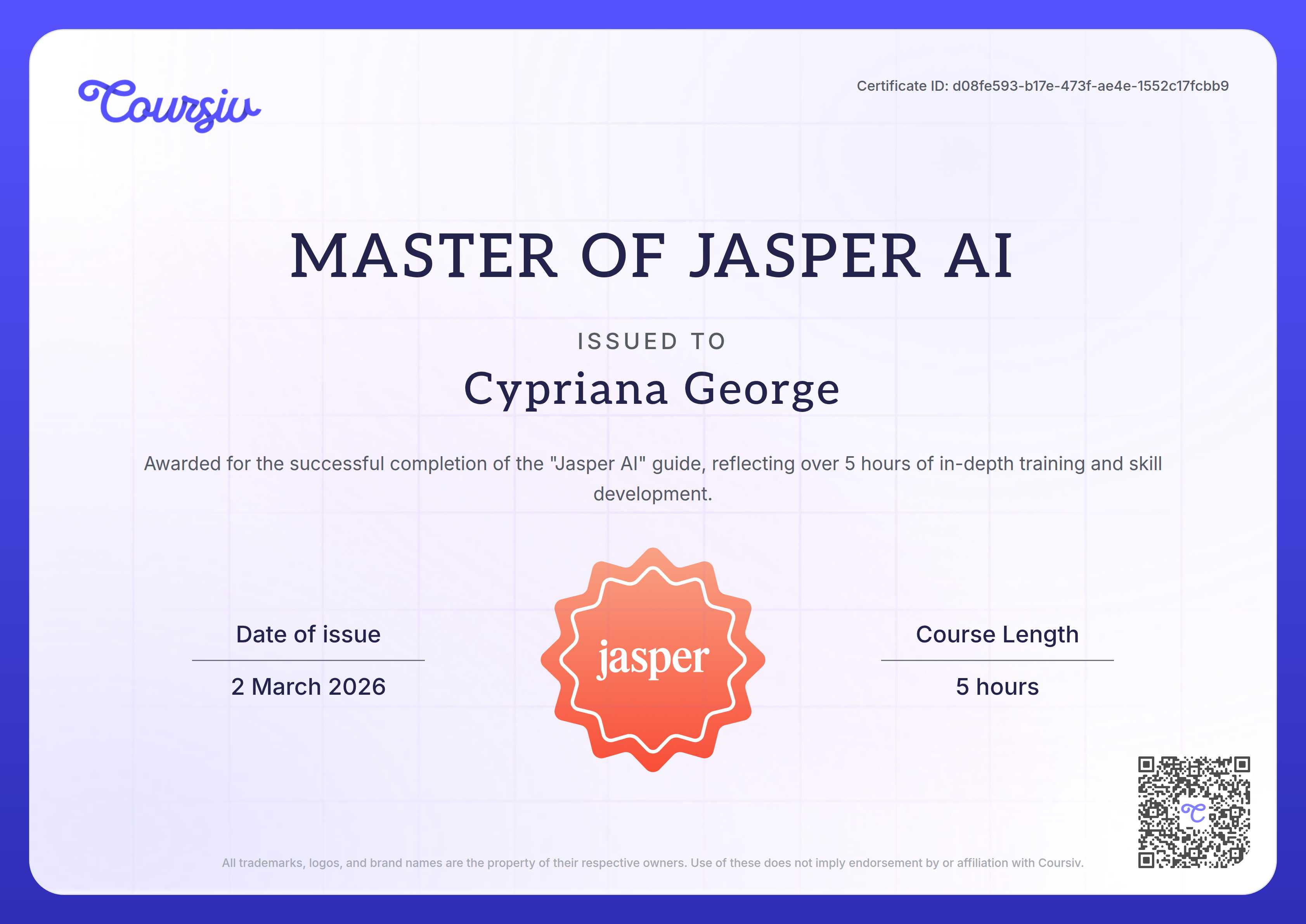 Certificate for Jasper AI