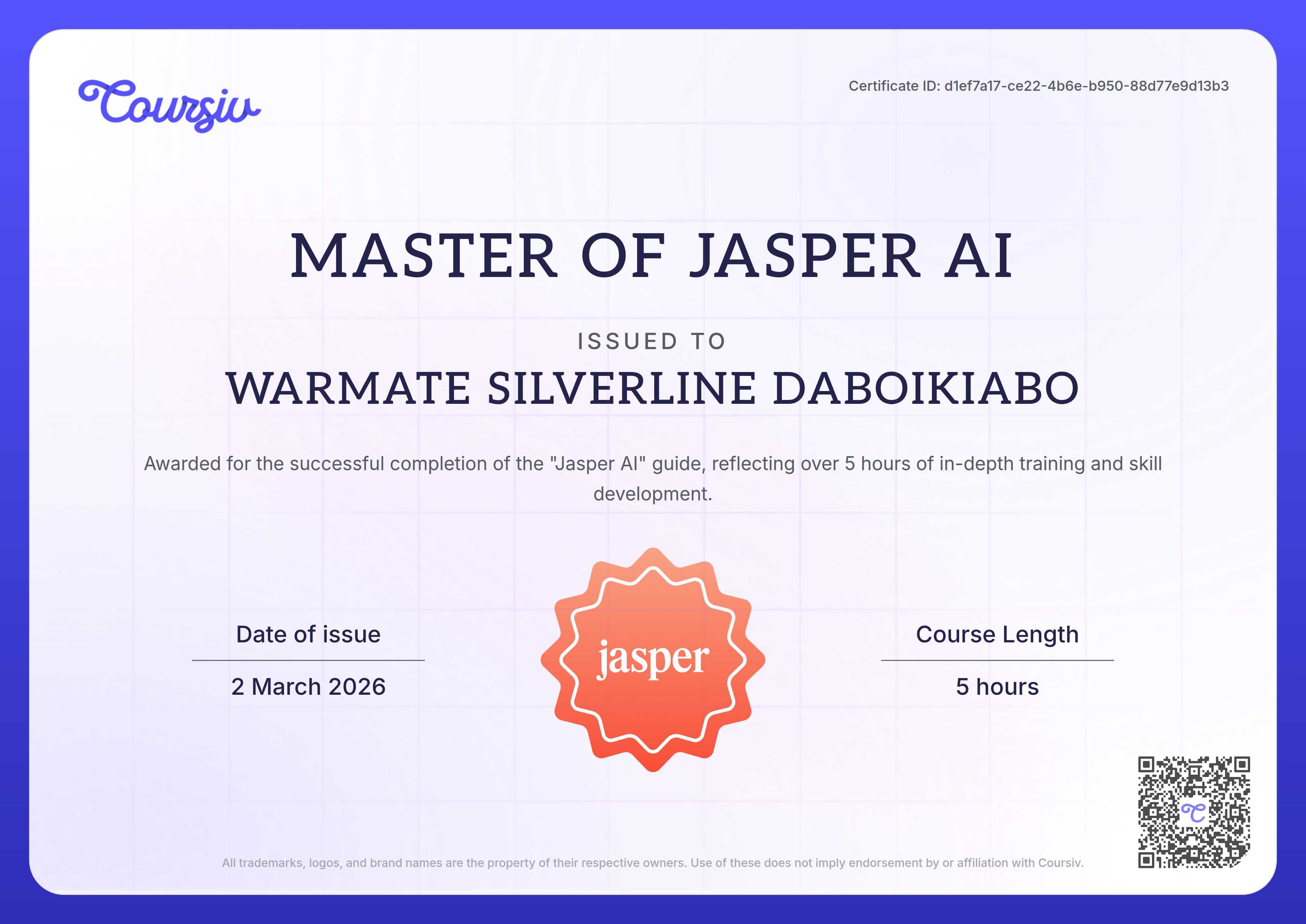 Certificate for Jasper AI