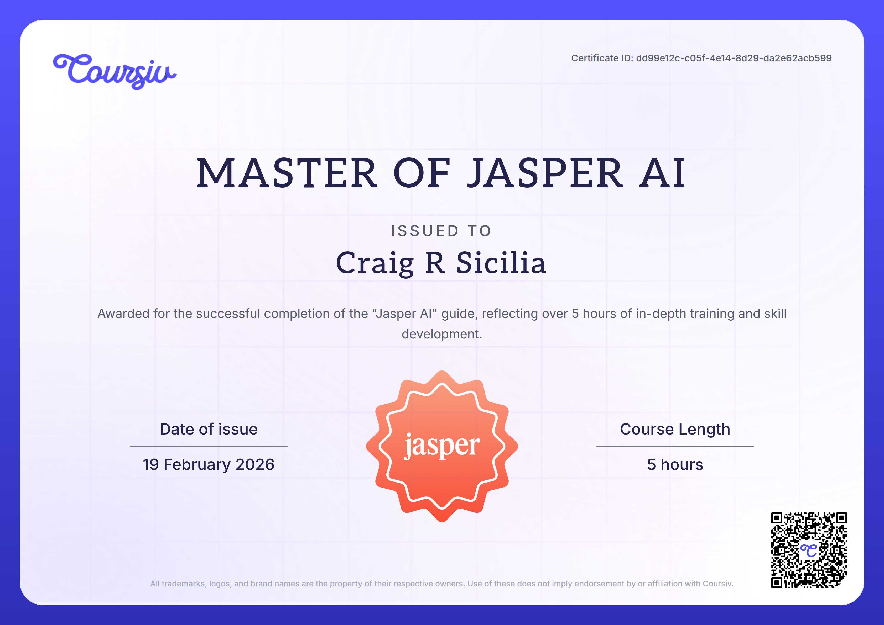 Certificate for Jasper AI