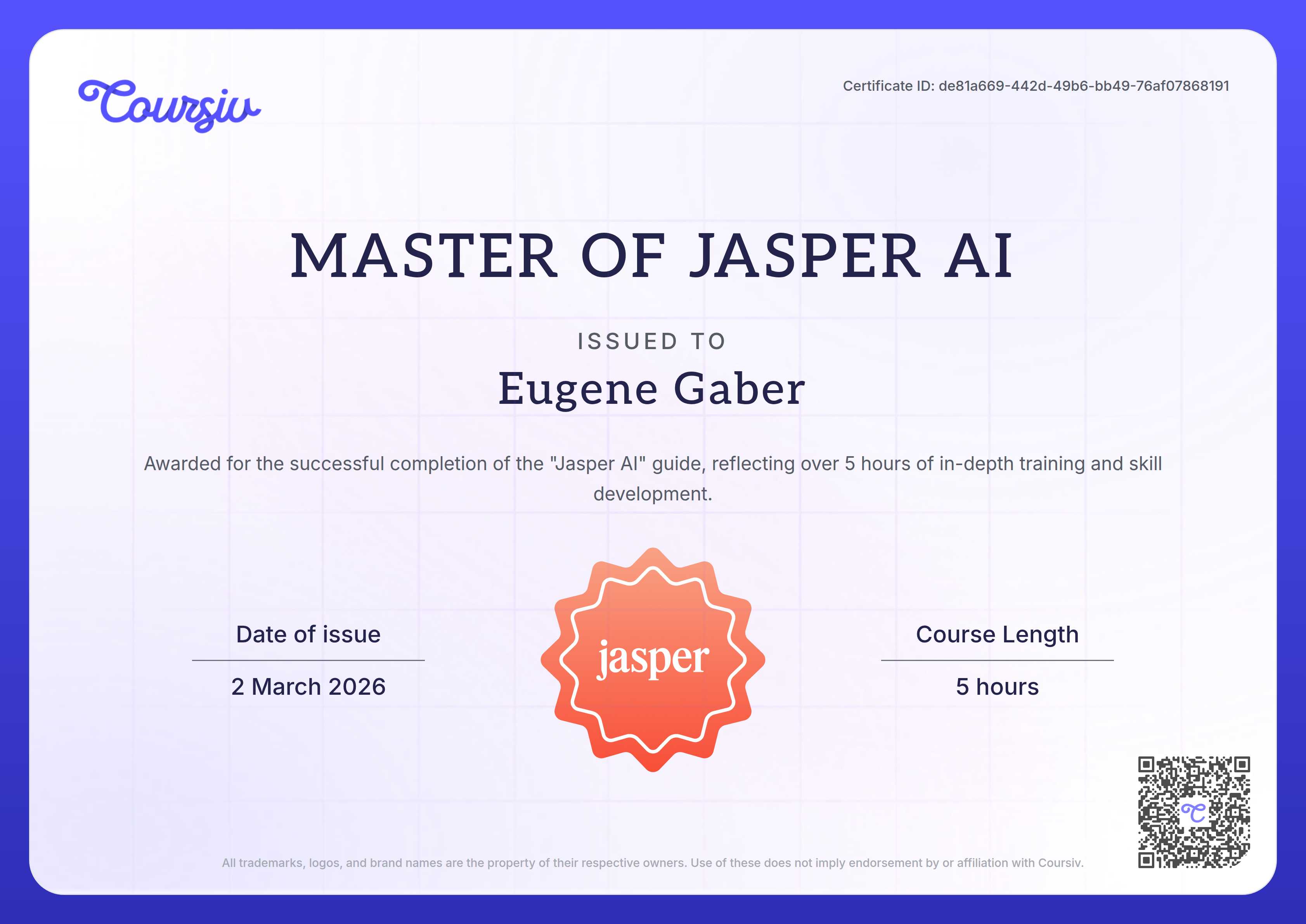 Certificate for Jasper AI