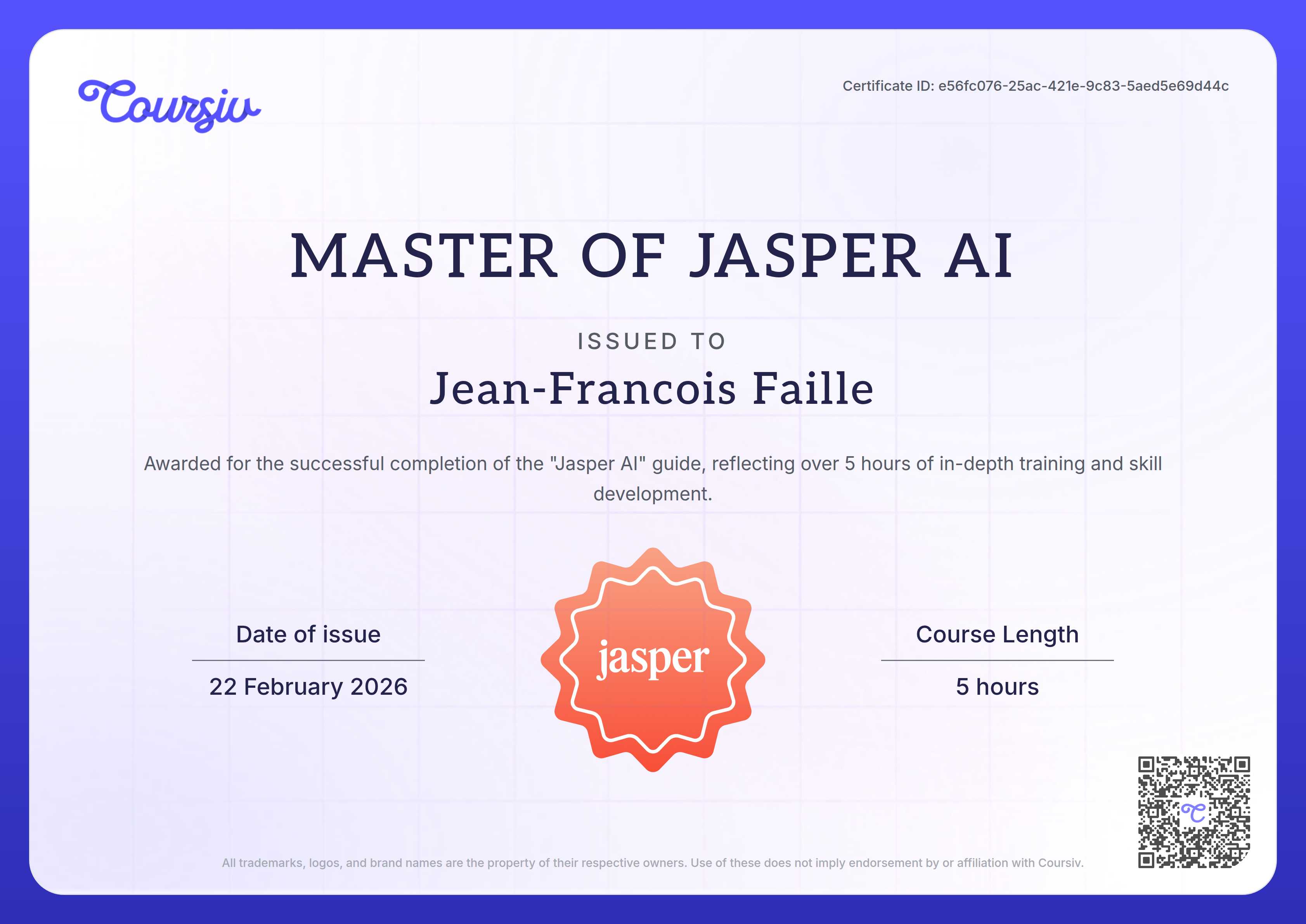 Certificate for Jasper AI