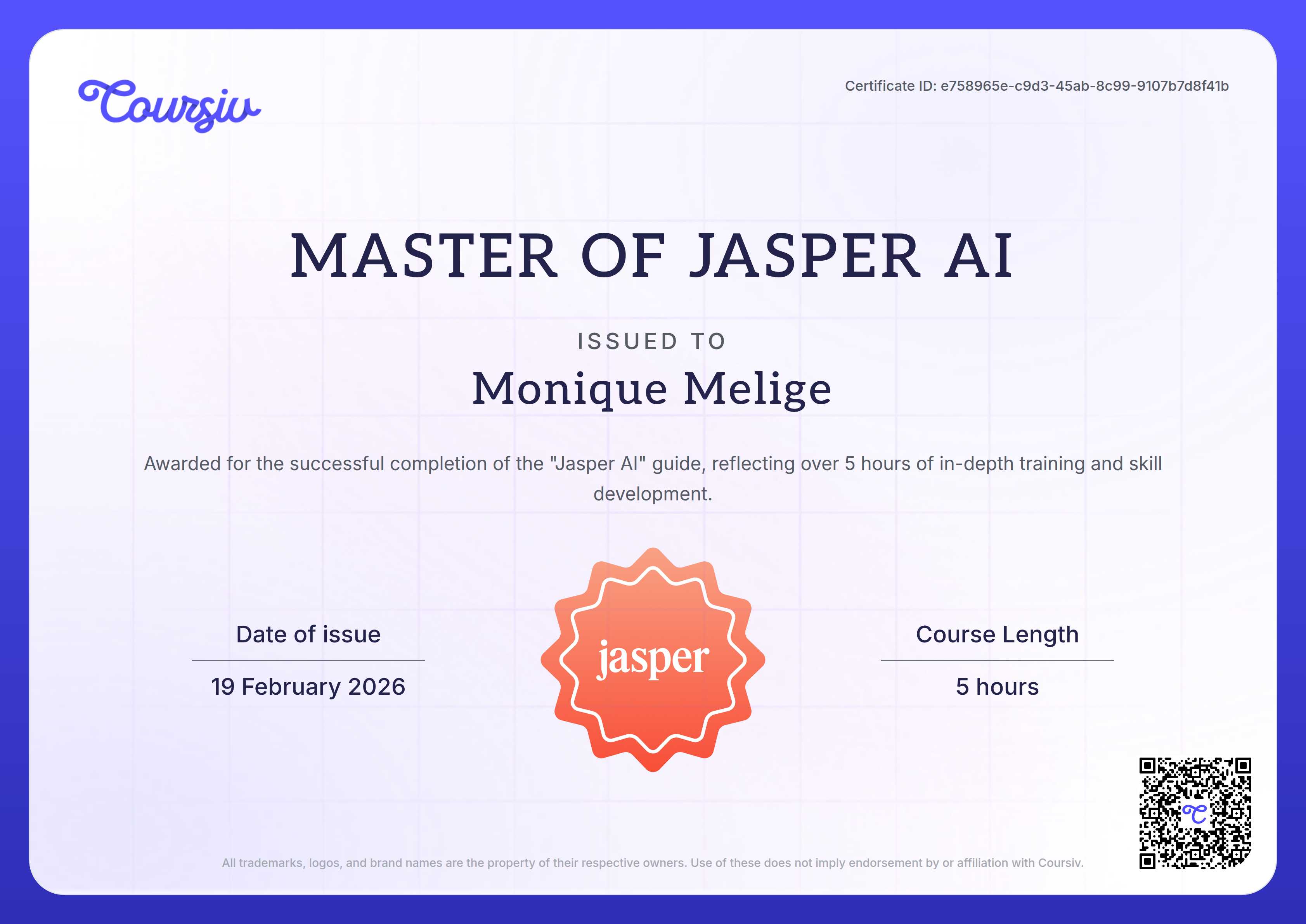 Certificate for Jasper AI