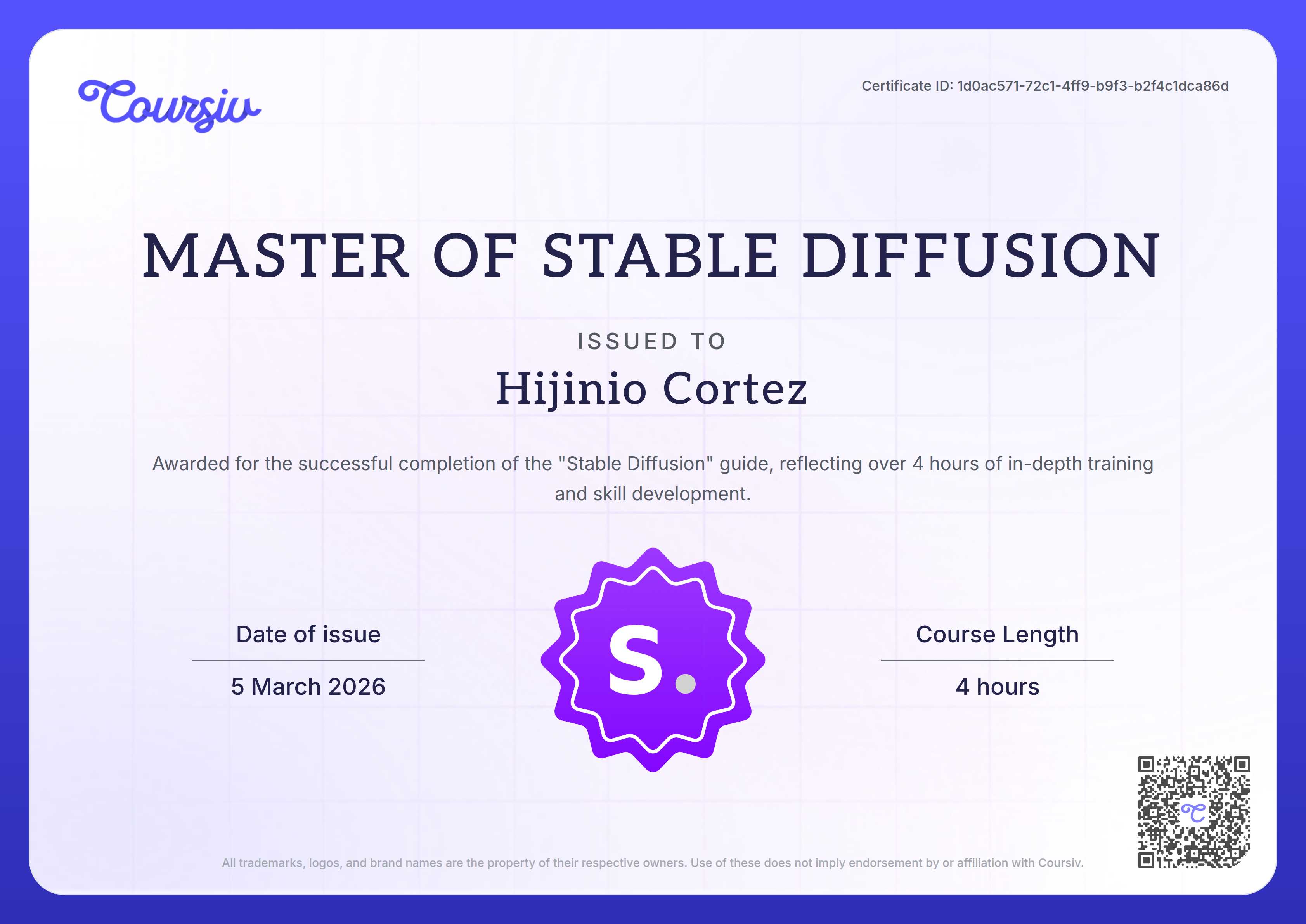 Certificate for Stable Diffusion