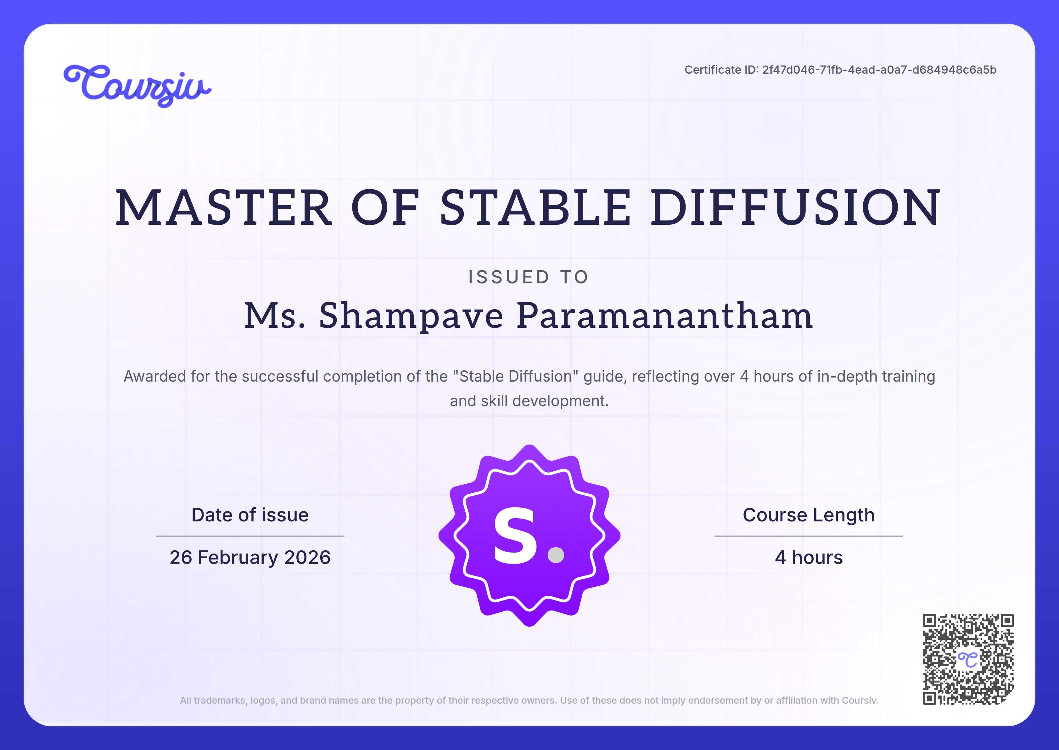Certificate for Stable Diffusion