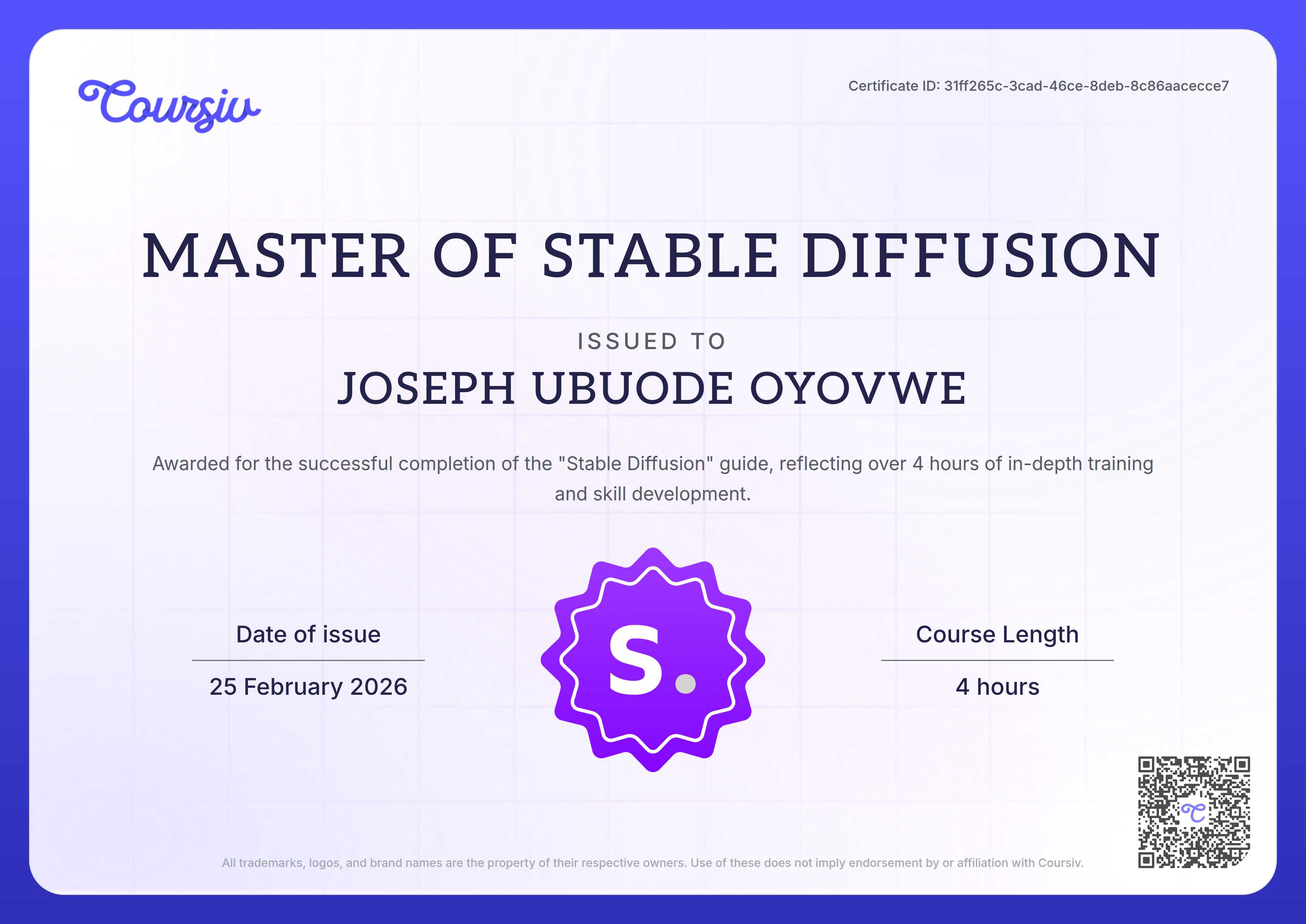 Certificate for Stable Diffusion