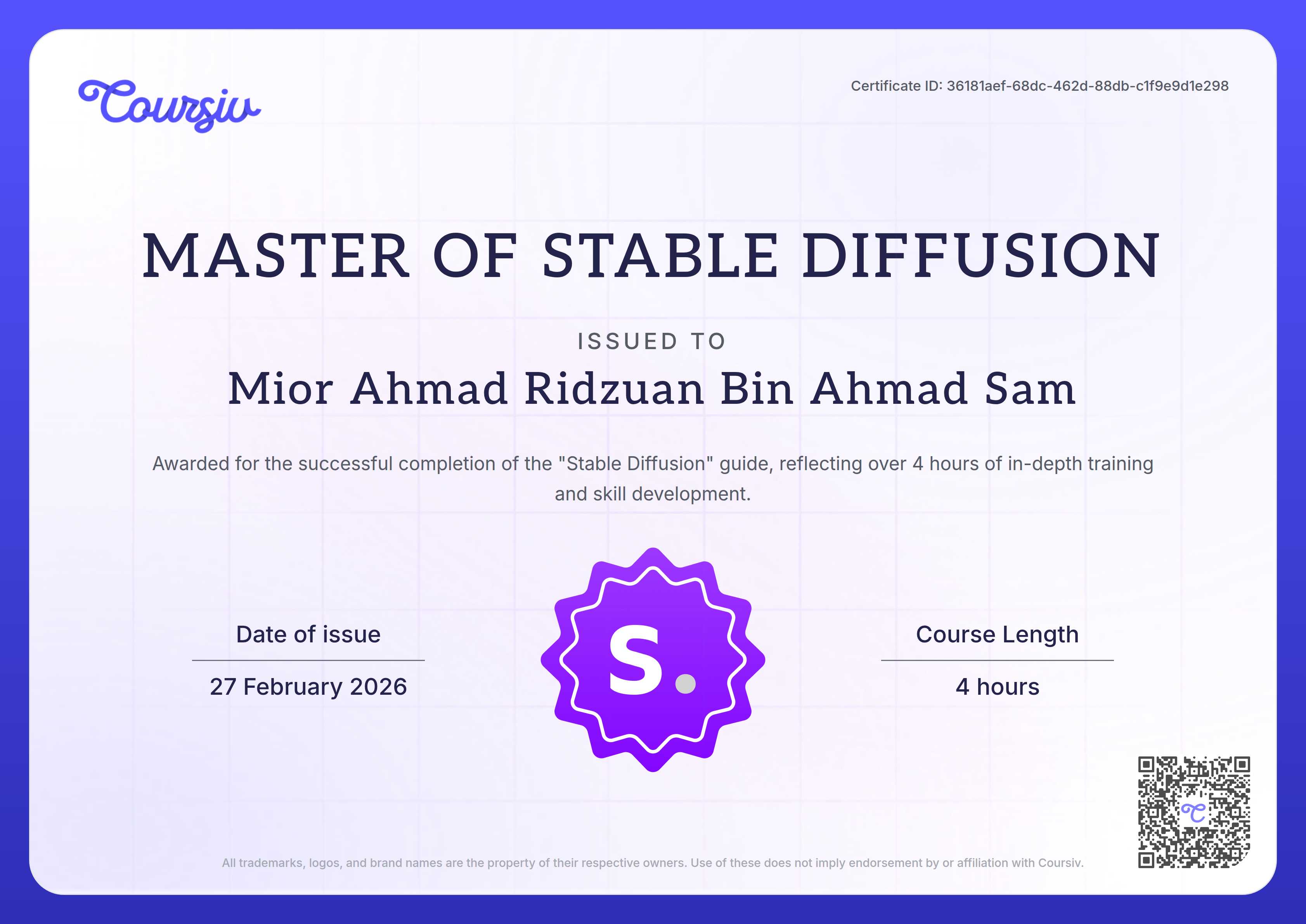 Certificate for Stable Diffusion