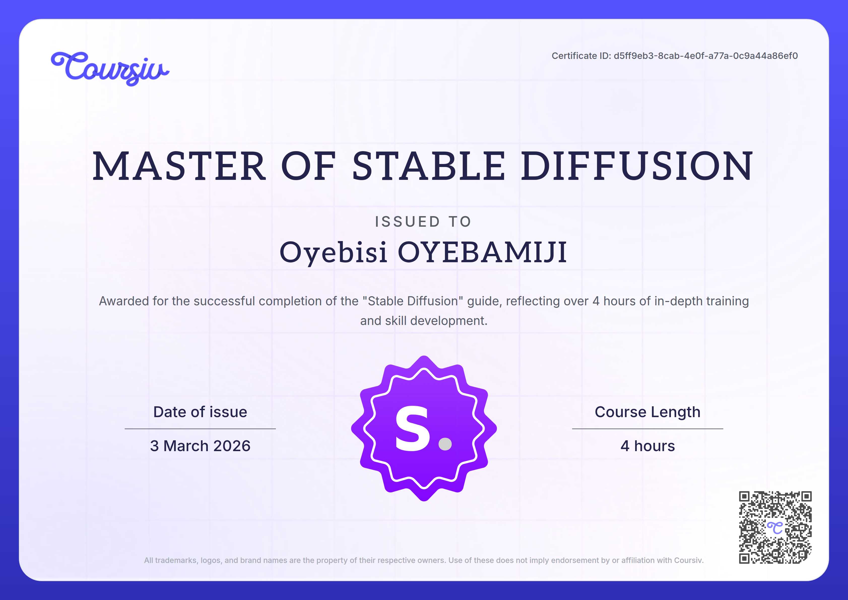 Certificate for Stable Diffusion