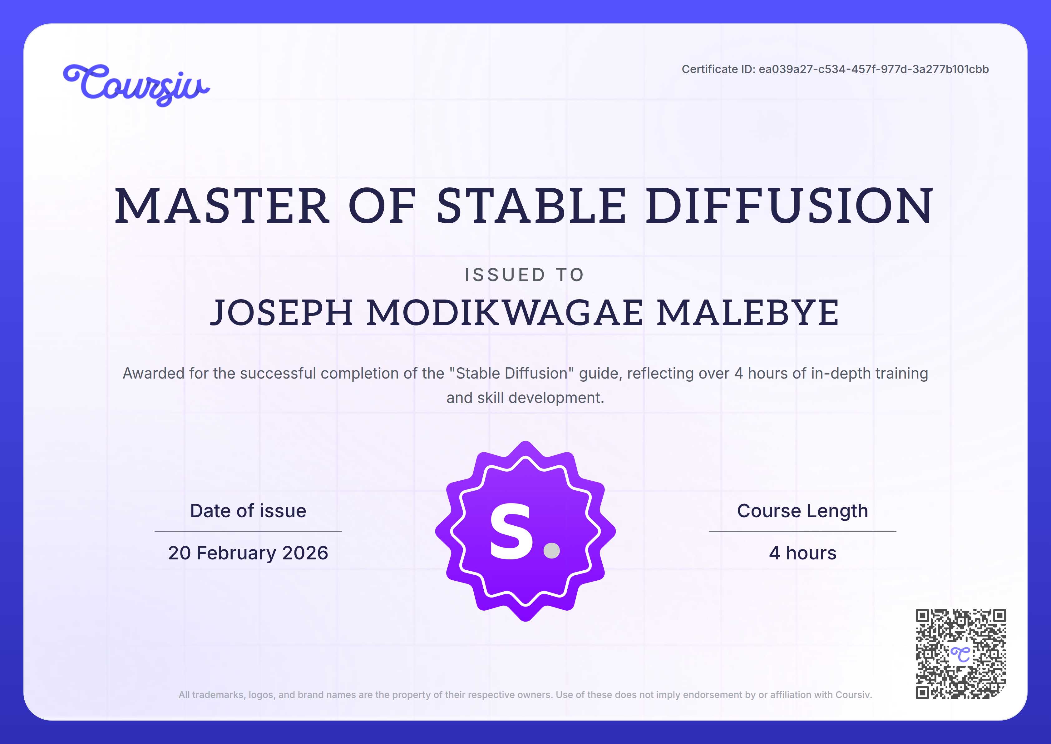 Certificate for Stable Diffusion