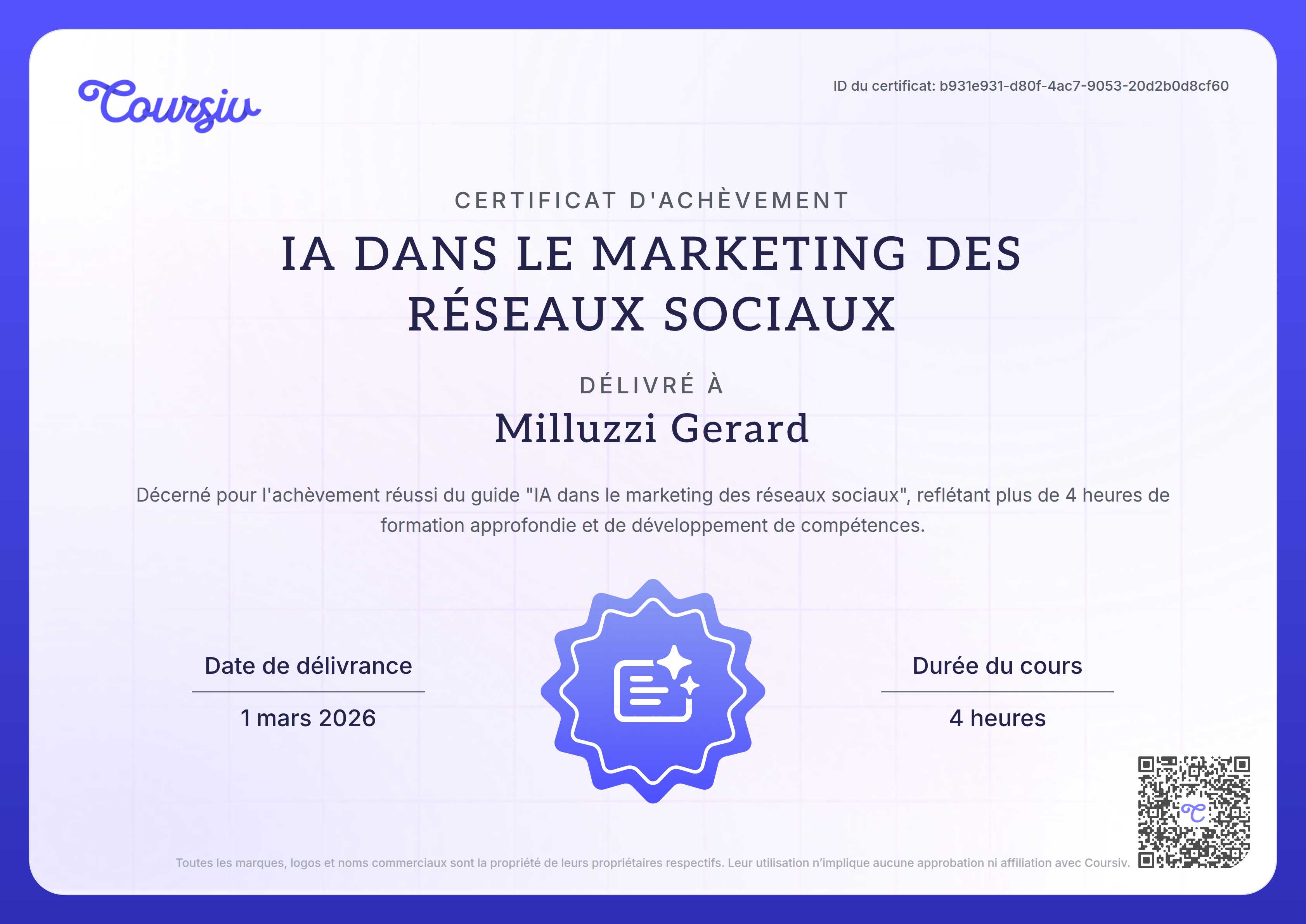 Certificate for L'IA dans le SMM