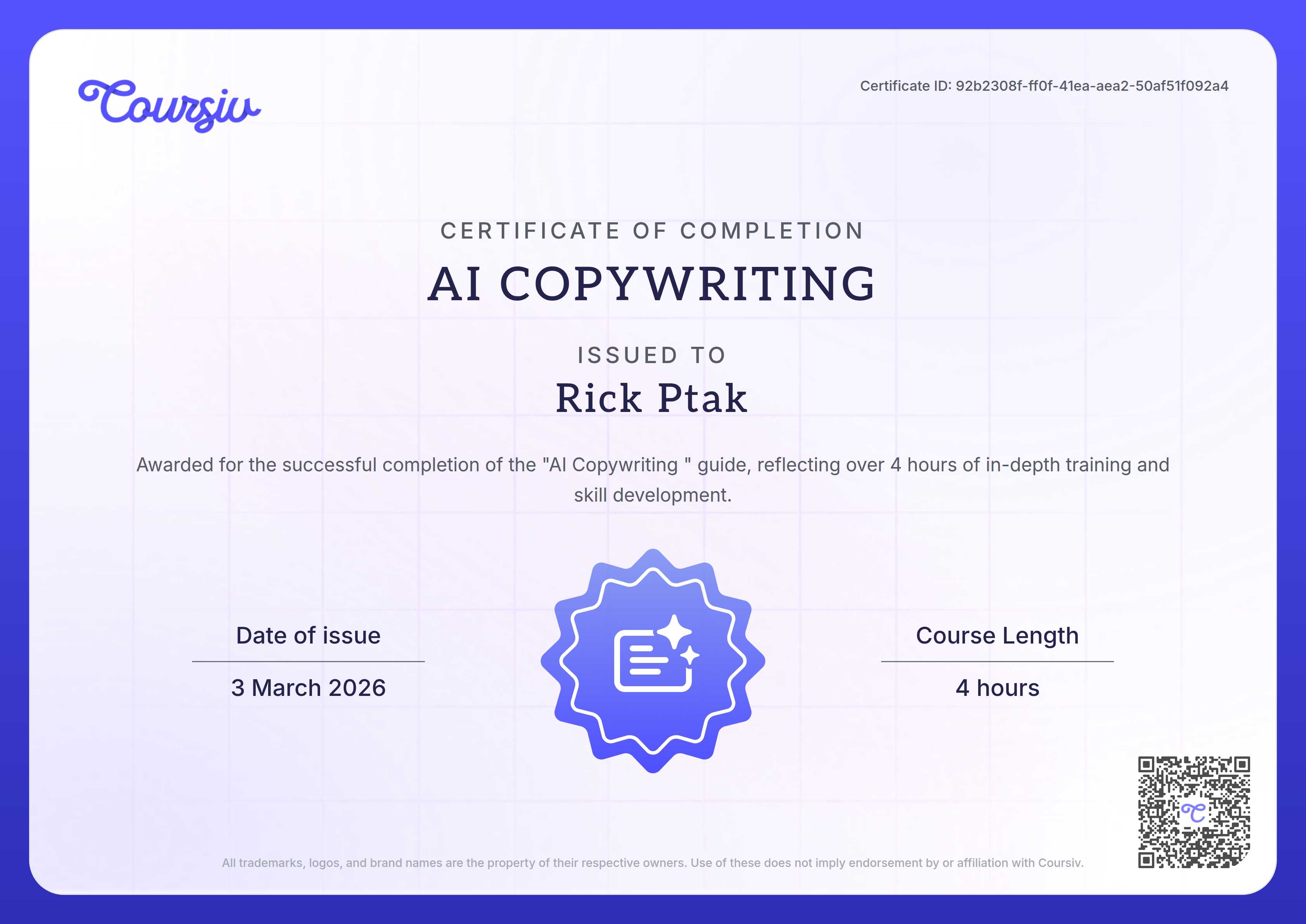 Certificate for AI Copywriting 