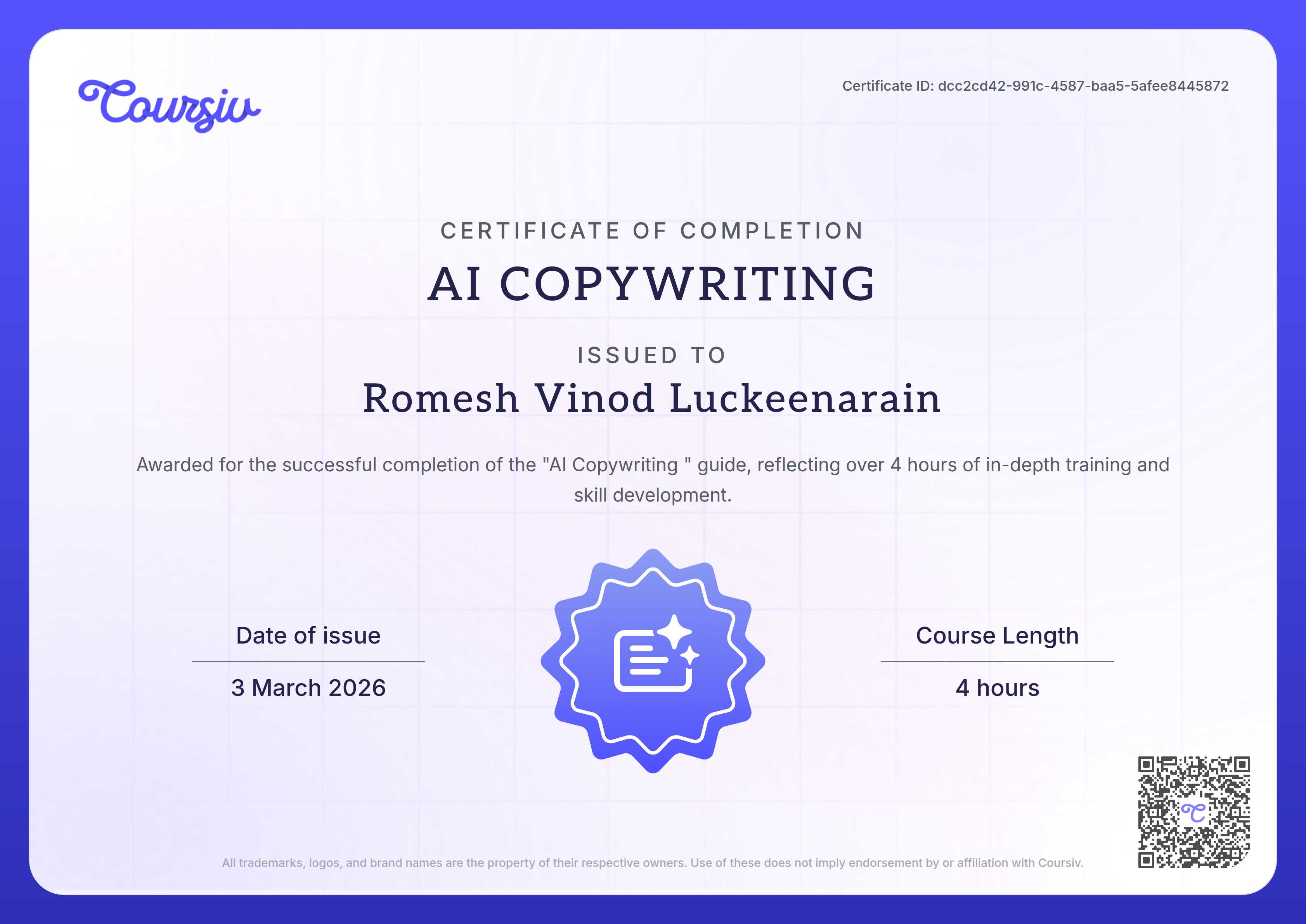 Certificate for AI Copywriting 