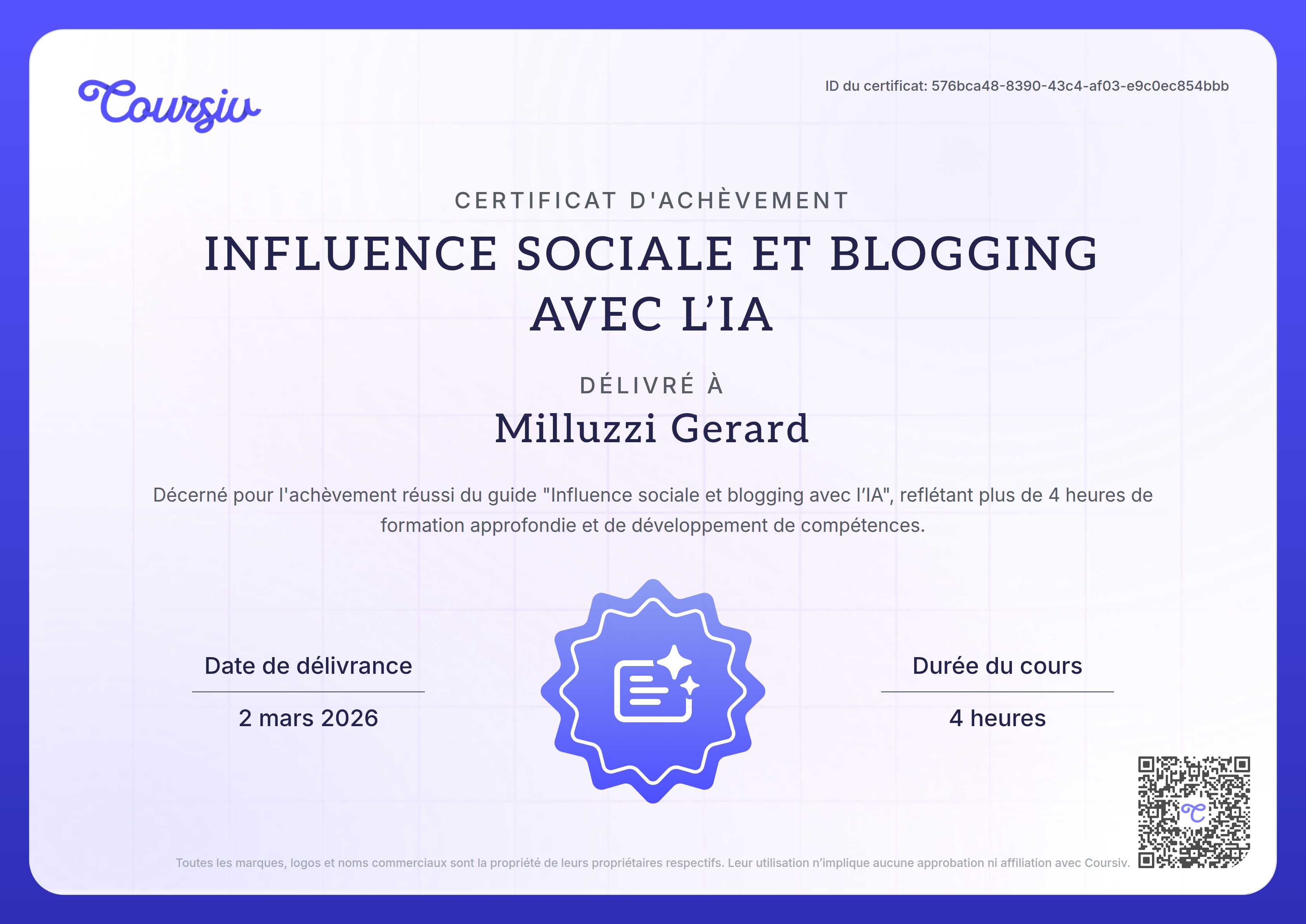 Certificate for Influence sociale et blogging avec l'IA