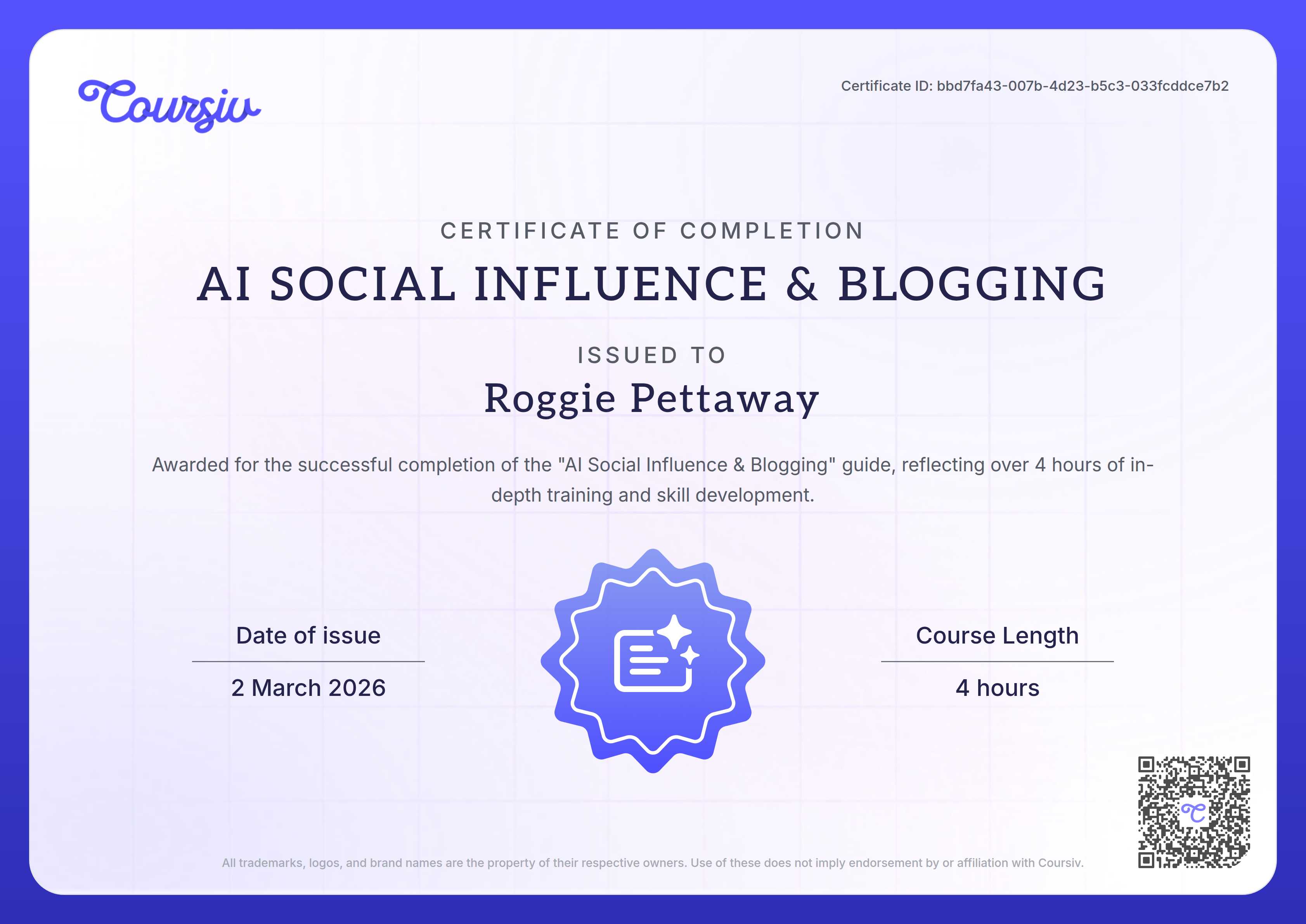 Certificate for AI Social Influence & Blogging