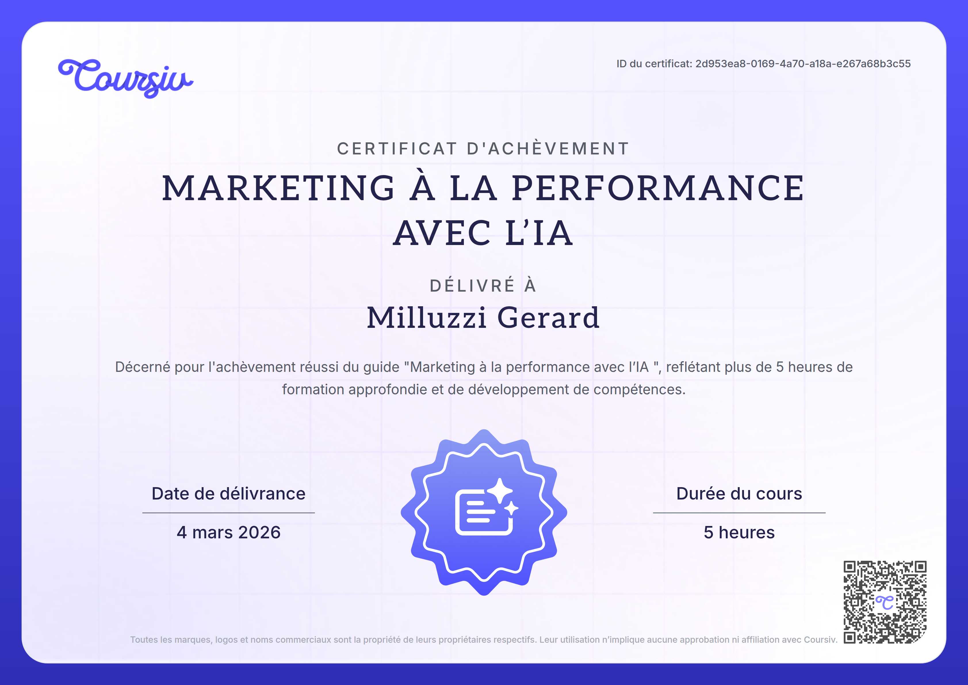 Certificate for Marketing à la performance avec l'IA