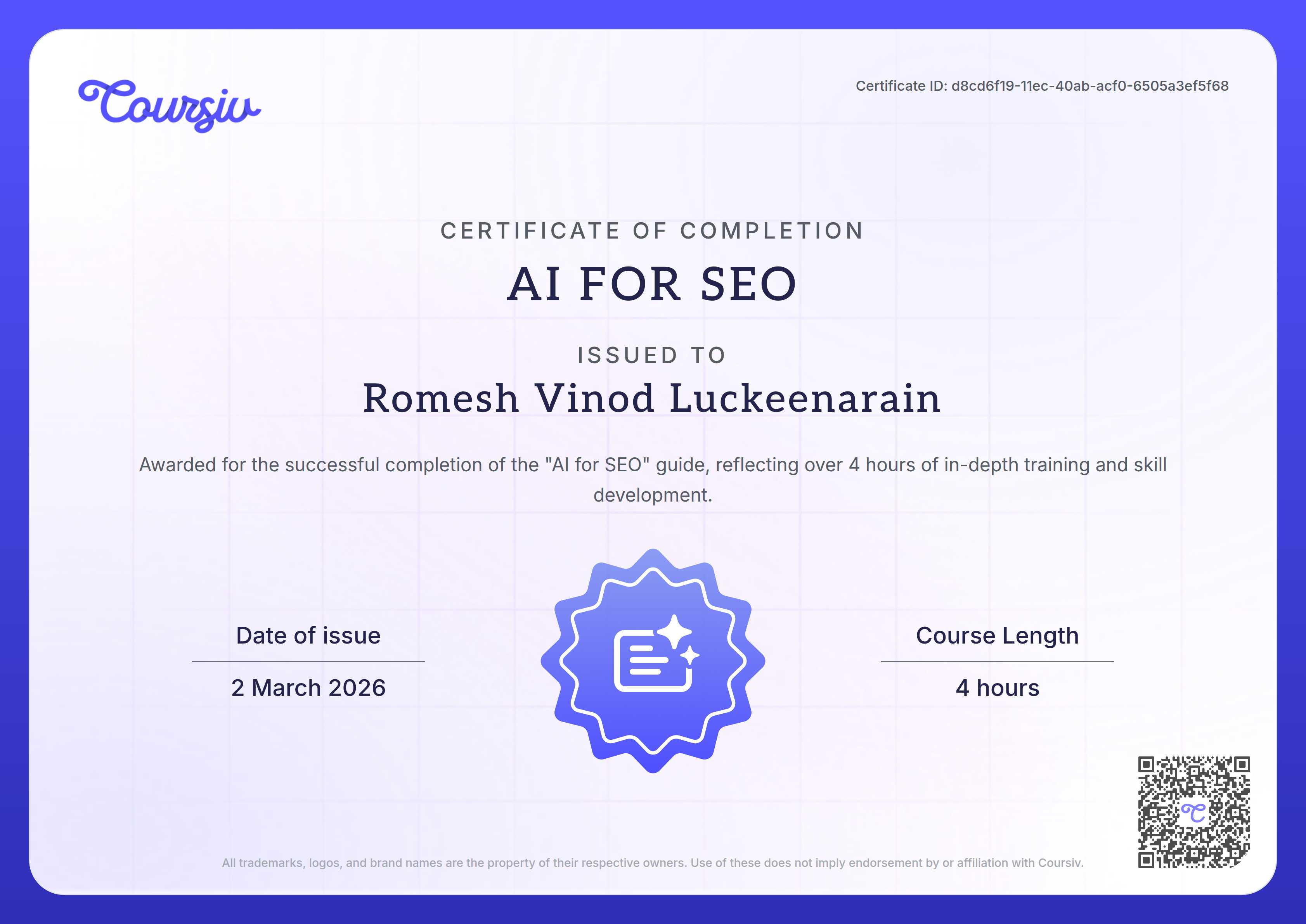 Certificate for AI for SEO